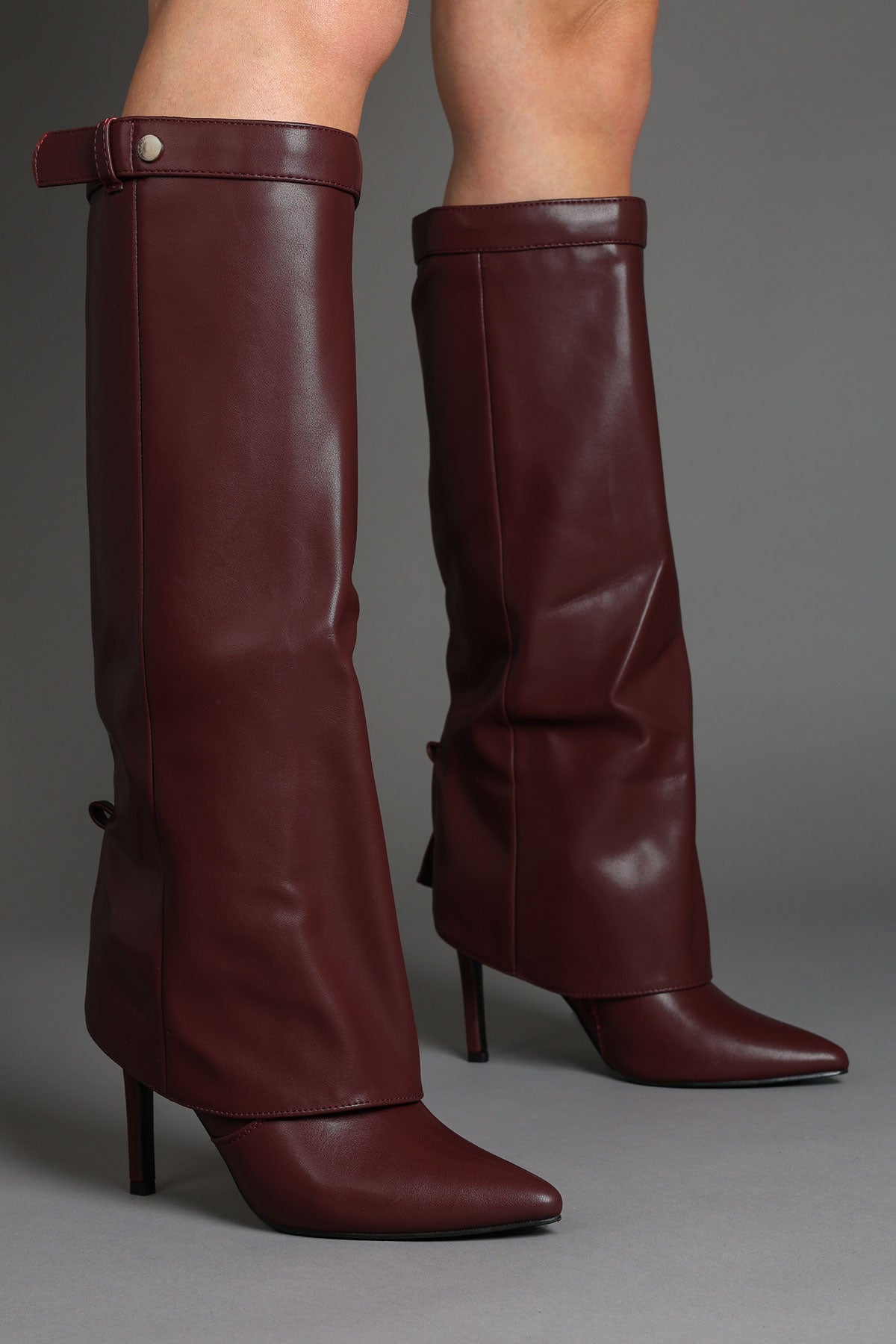 Burgundy Fold Over Stiletto Boots with Pointed Toe