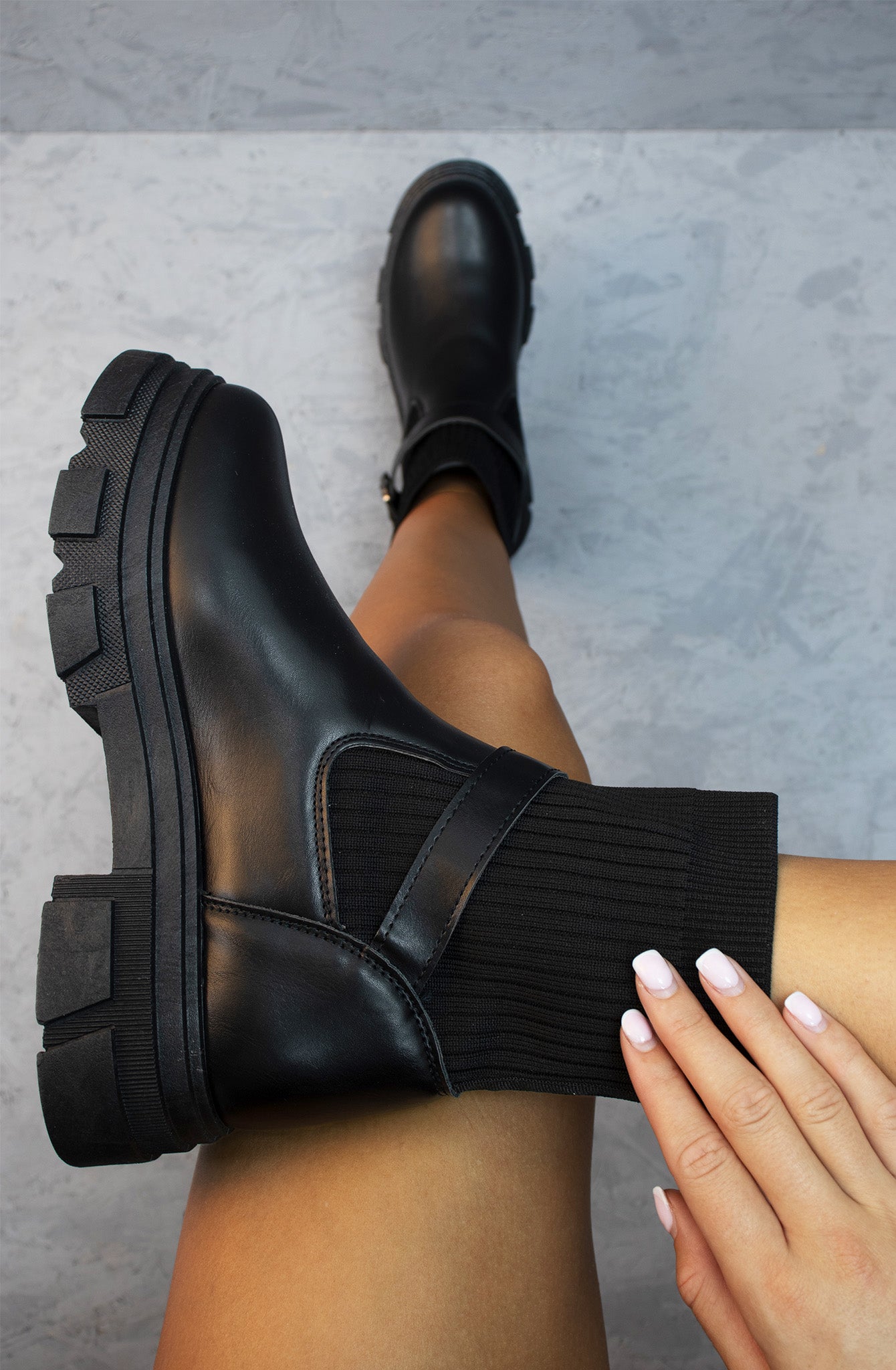 Black Chunky Faux Leather Buckle Sock Boot
