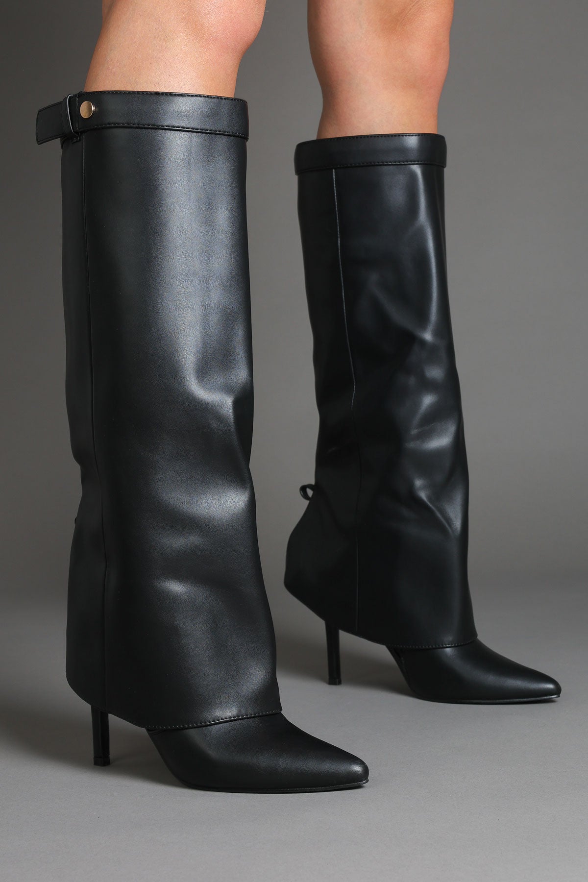 Black Fold Over Stiletto Boots with Pointed Toe