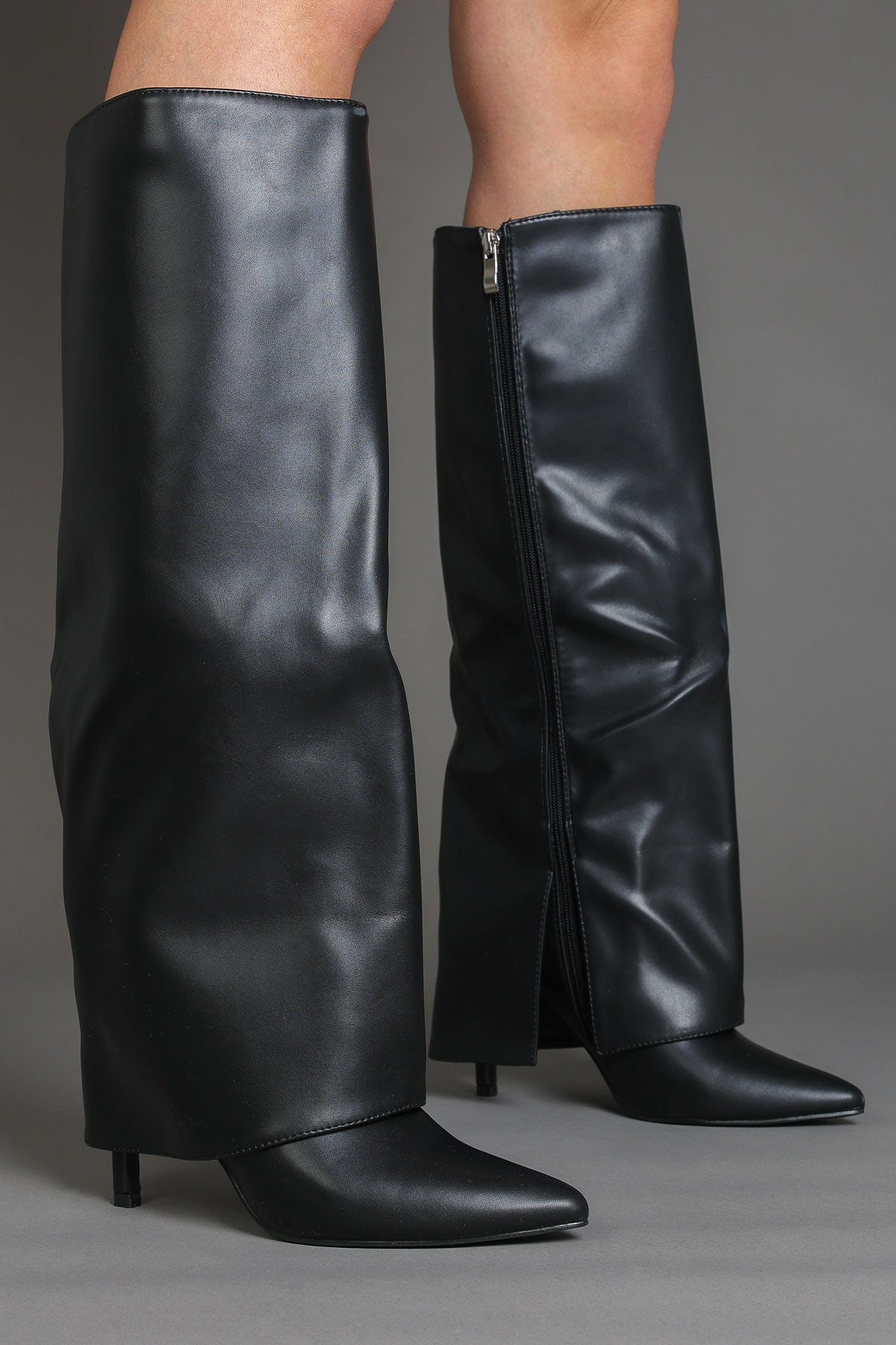 Black Faux Leather Stiletto Slouchy Fold Over Knee-High Boots