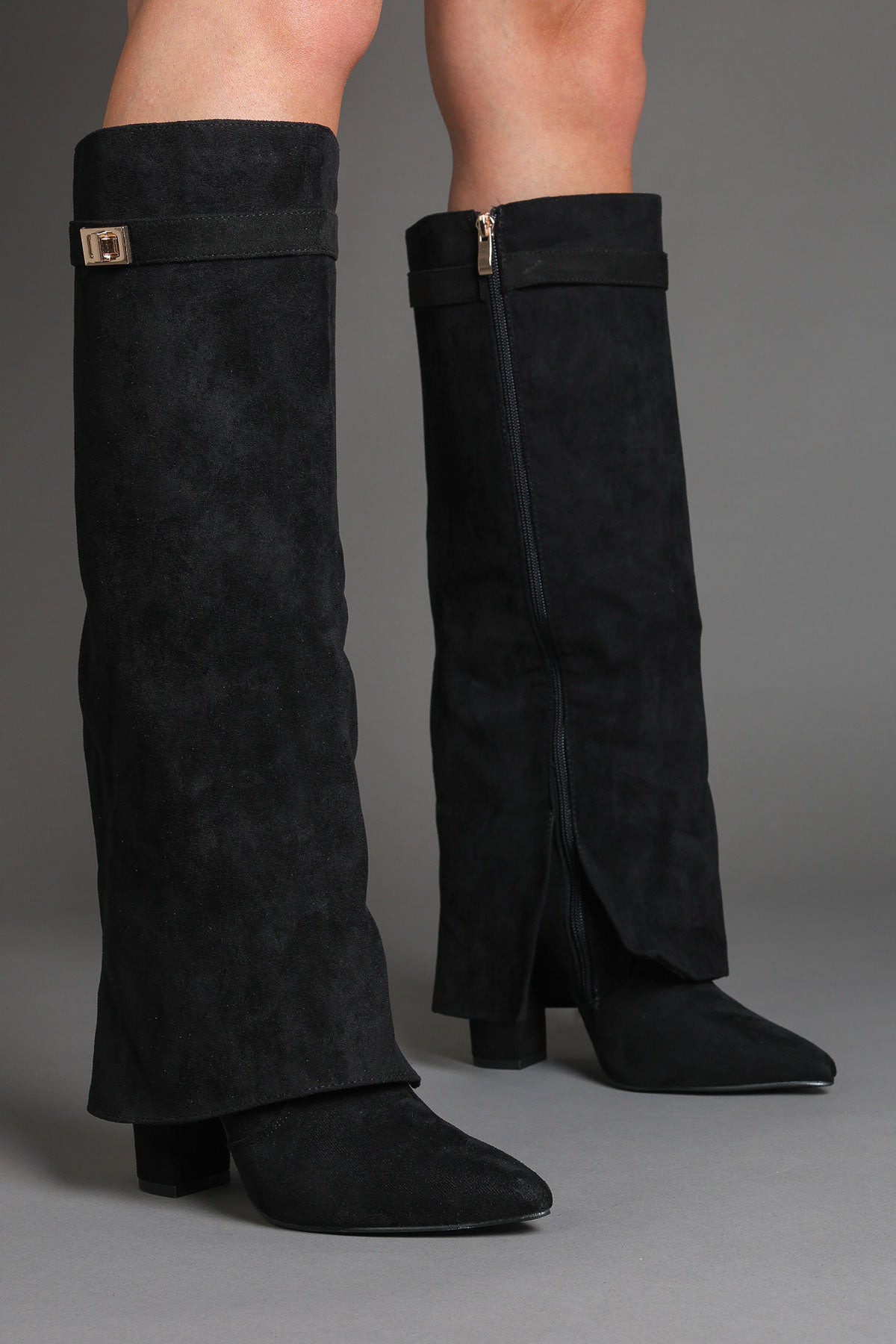 Black Faux Suede Fold Over Buckle lock Shark Boots