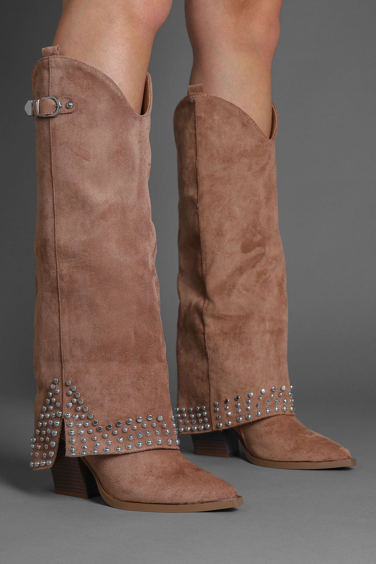 Tan Faux Suede Studded Fold Over Slouch Western Cowboy Boots