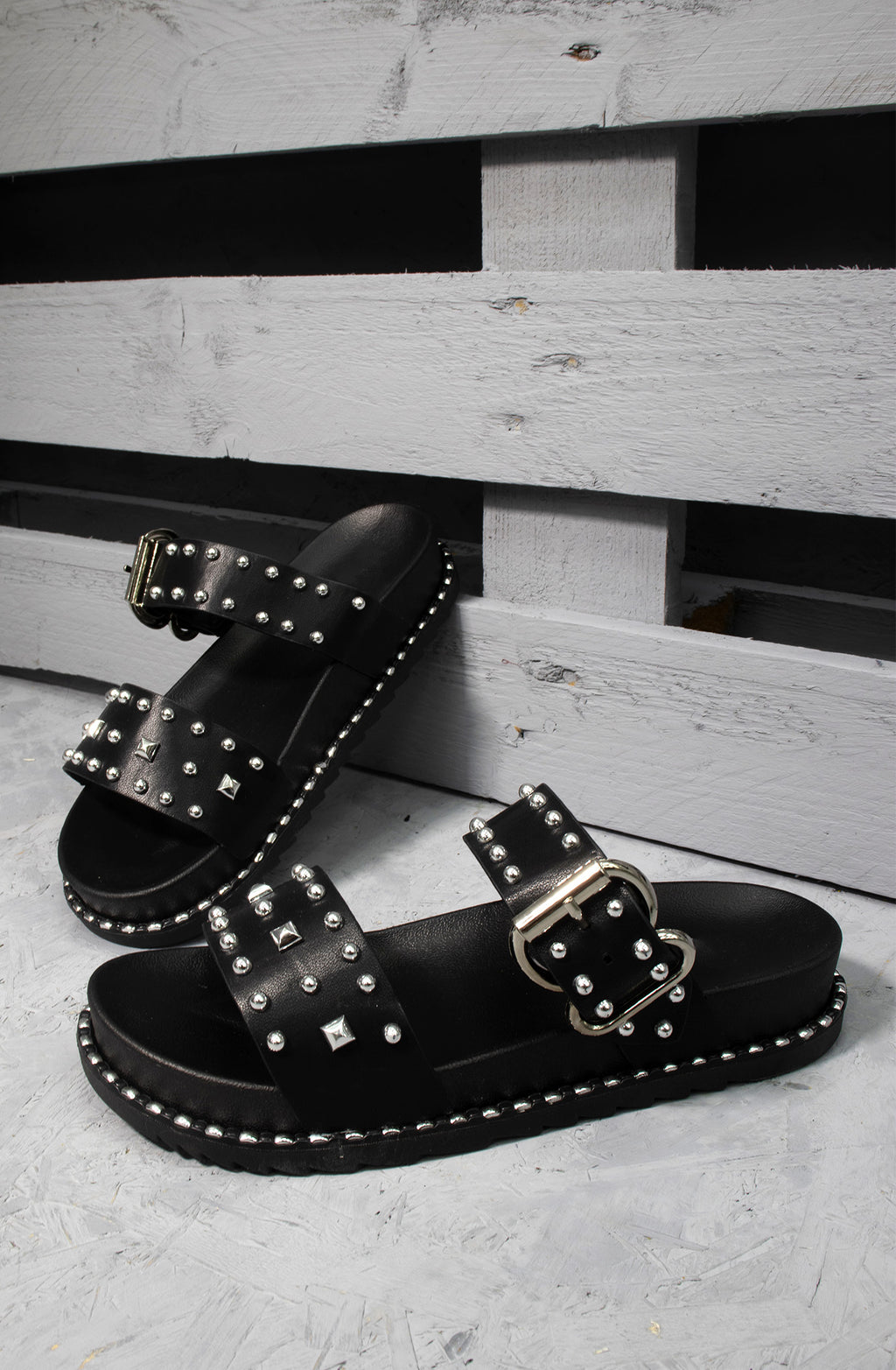 Black Chunky Studded Buckle Sandals