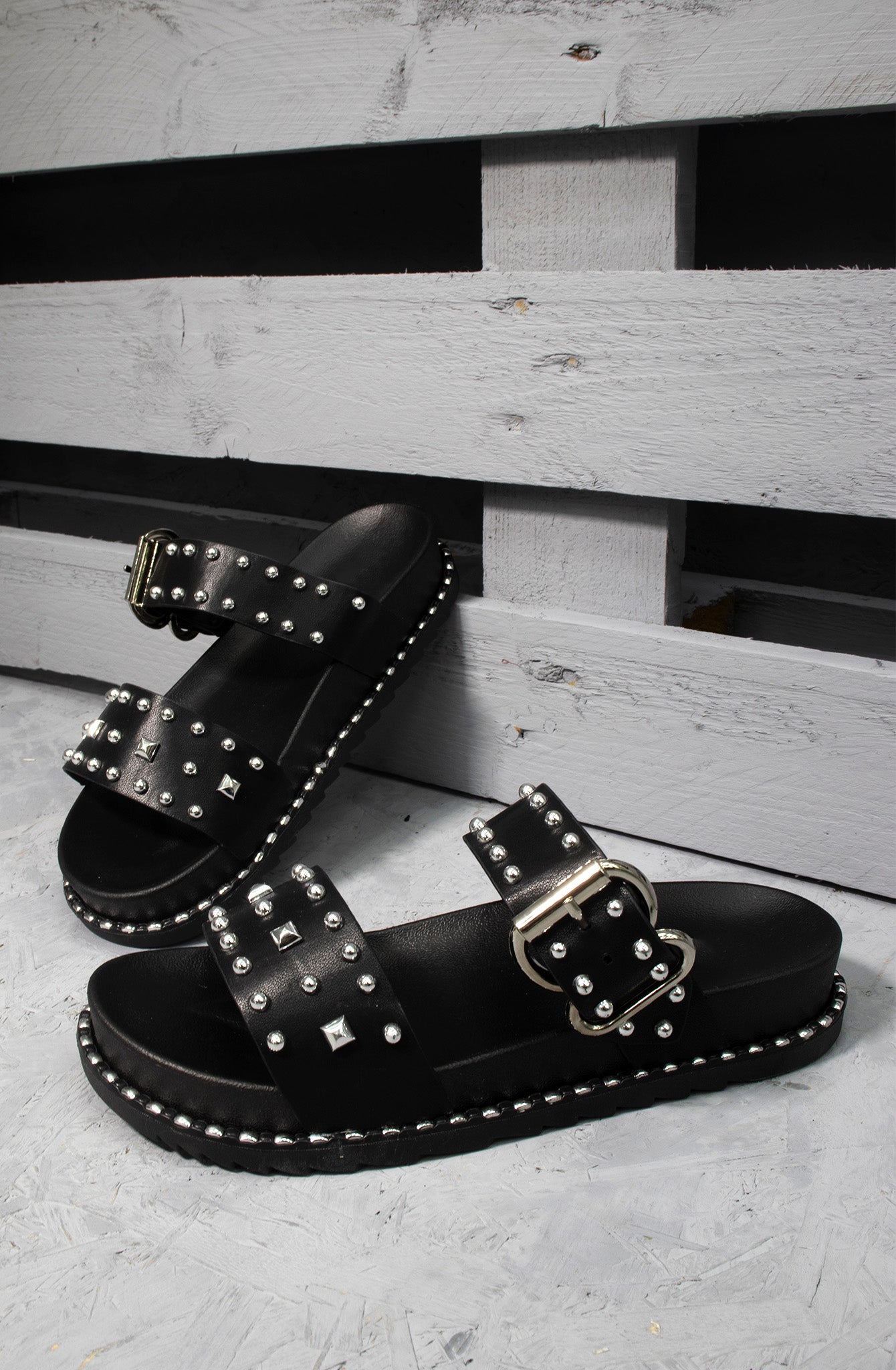 Black Chunky Studded Buckle Sandals