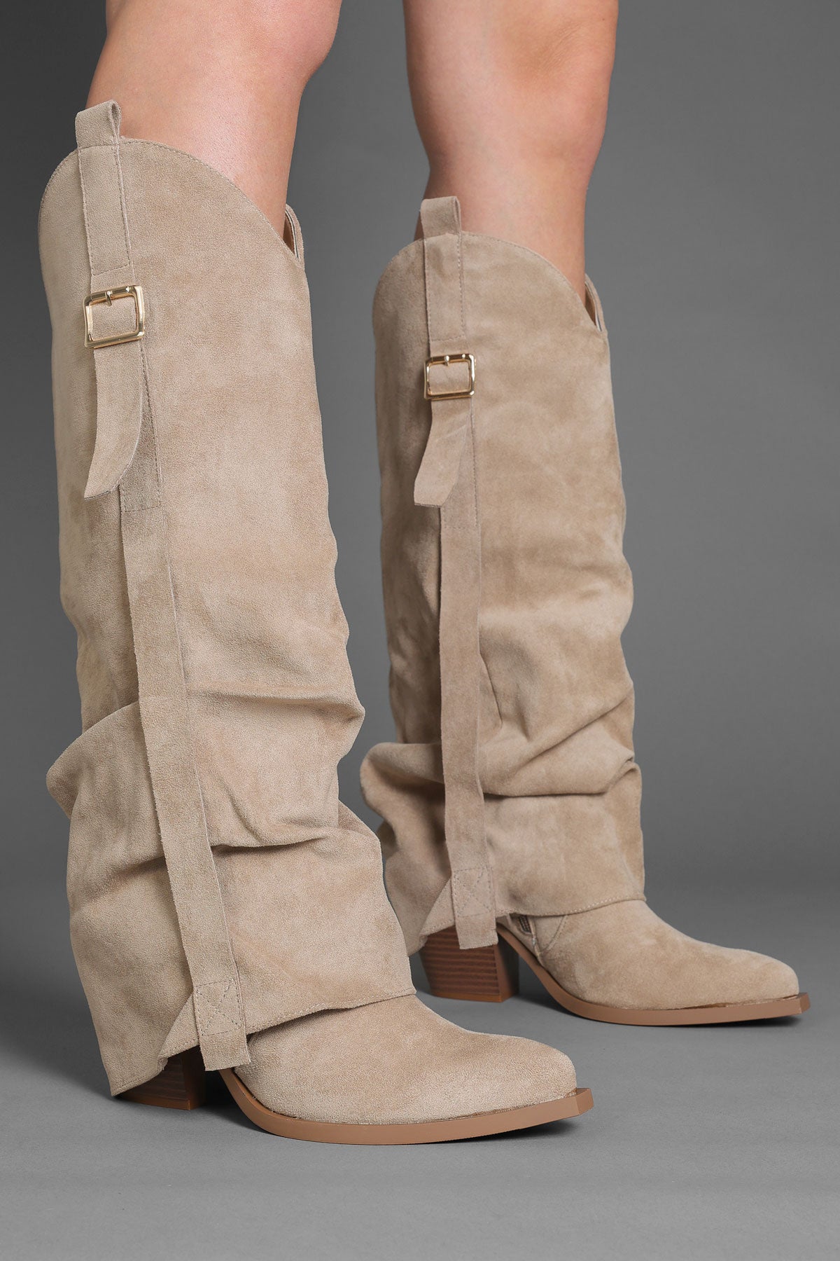 Taupe Suede Slouchy Fold Over Western Cowboy Boots