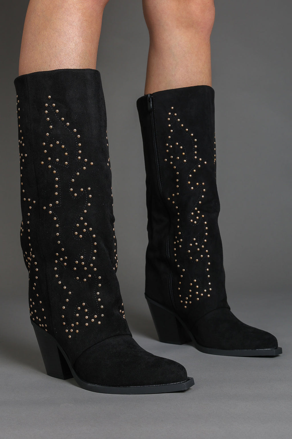 Black Faux Suede Studded Slouchy Western Cowboy Boots