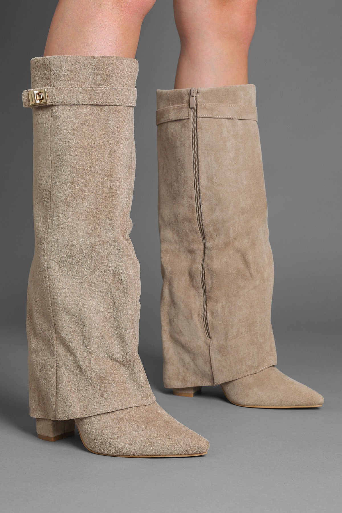 Taupe Faux Suede Fold Over Buckle lock Shark Boots