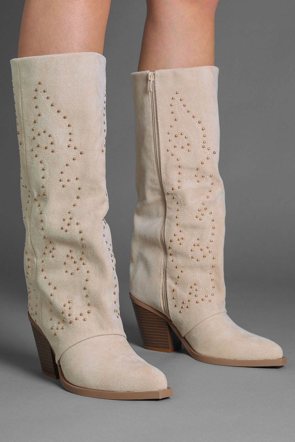 Beige Faux Suede Studded Slouchy Western Cowboy Boots