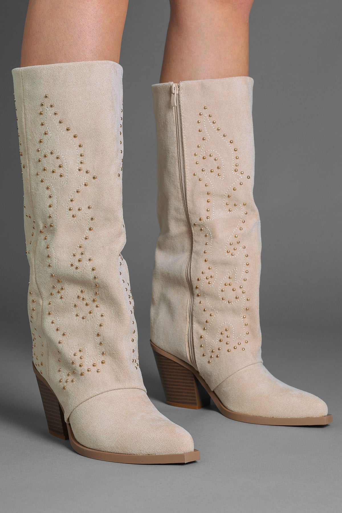 Beige Faux Suede Studded Slouchy Western Cowboy Boots