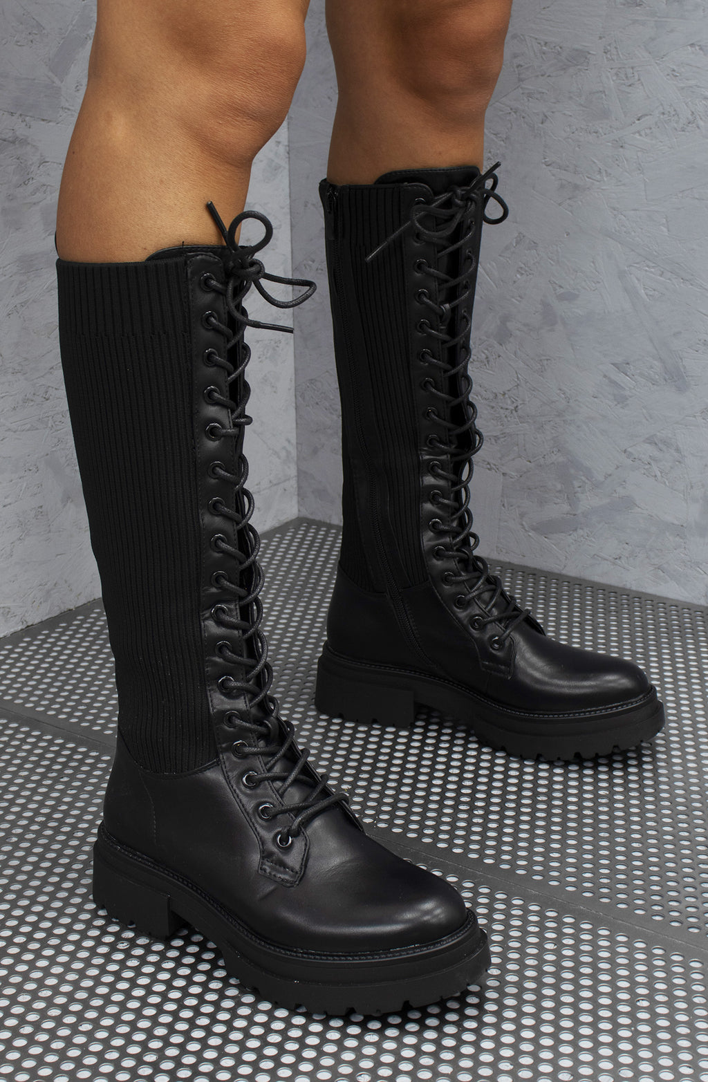 Rock Star Laced Up Faux Leather Midi Boots Black