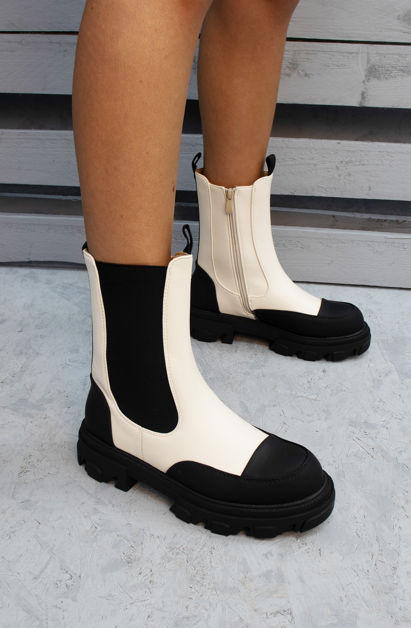 Black Beige Calf Length Chunky Faux Leather Chelsea Boots
