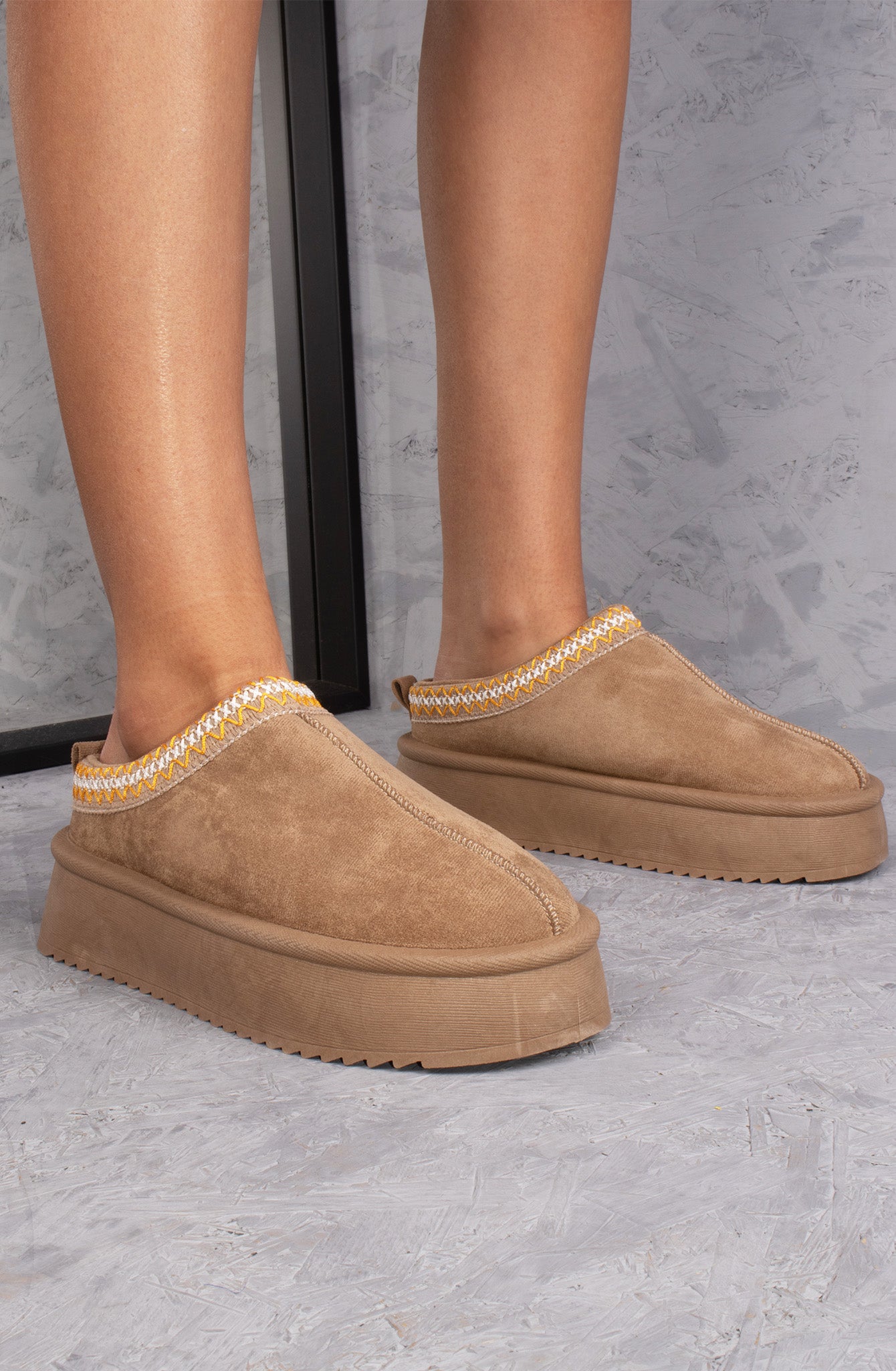 Vanilla Suede Embroidered Chunky Platform Slippers Shoes - Taupe