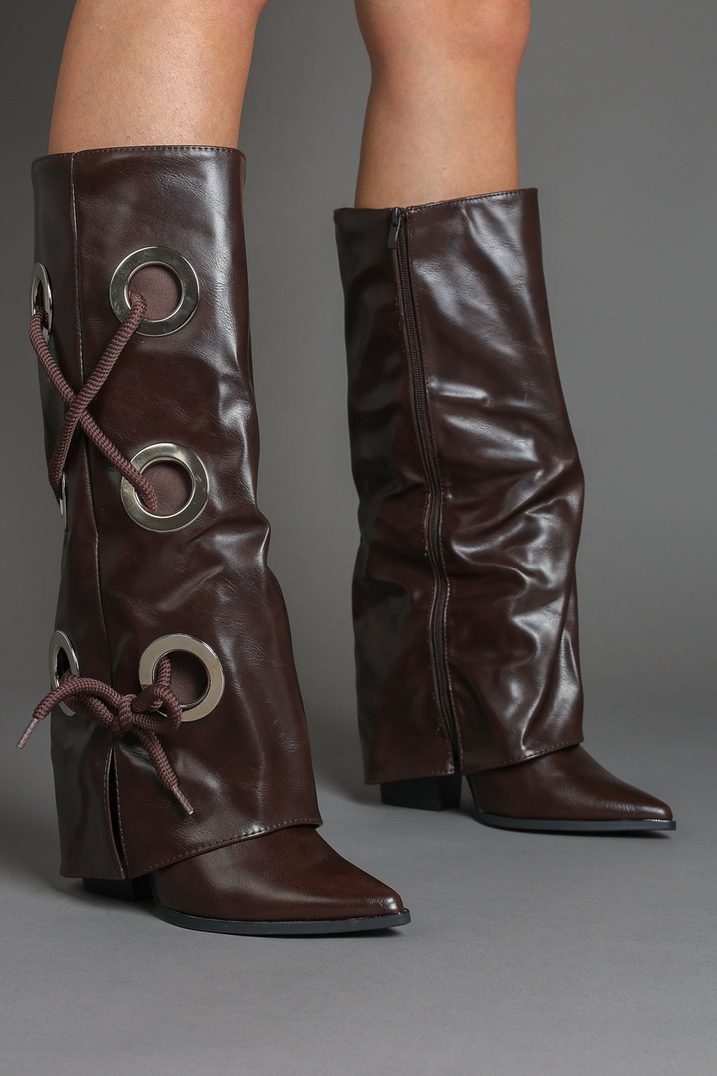 Brown Faux Leather Fold Over Lace Detail Knee-High