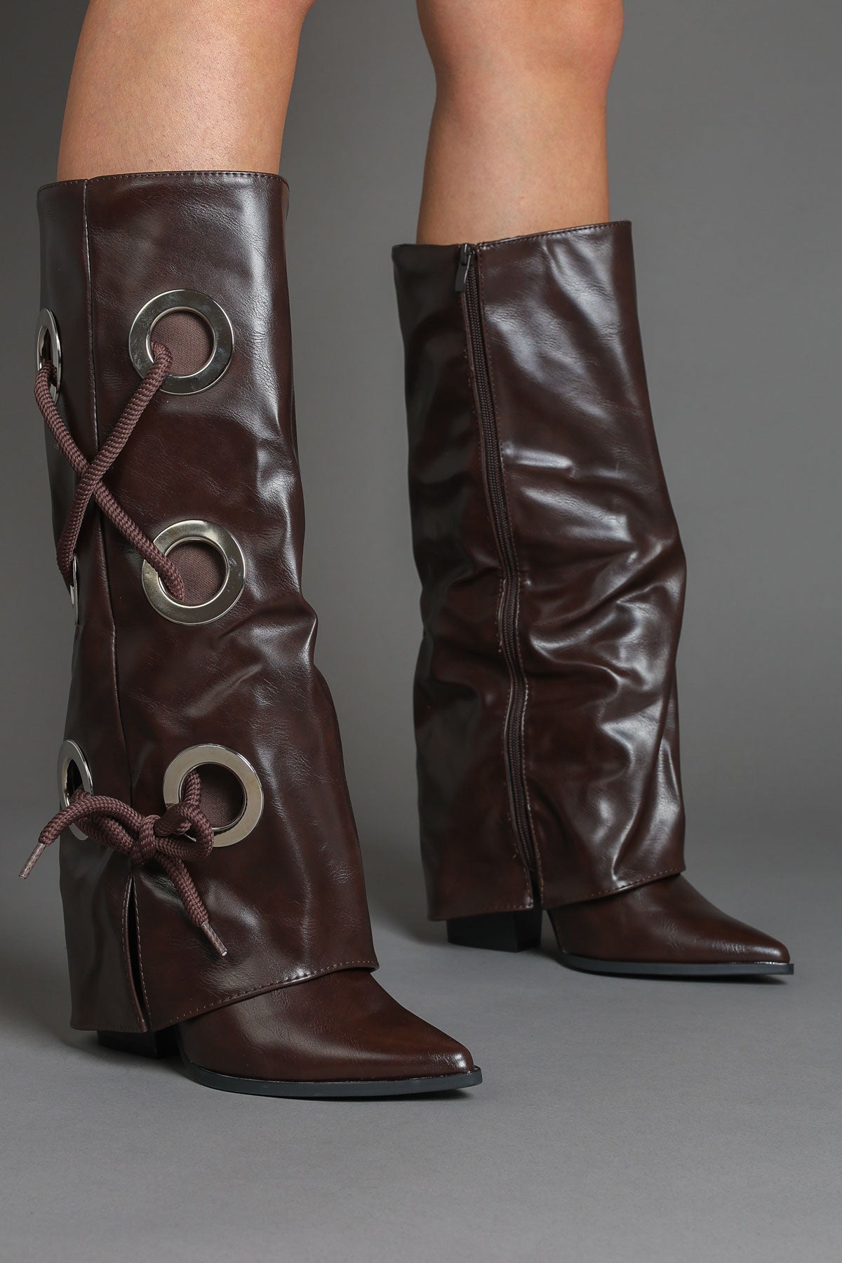 Brown Faux Leather Fold Over Lace Detail Knee-High