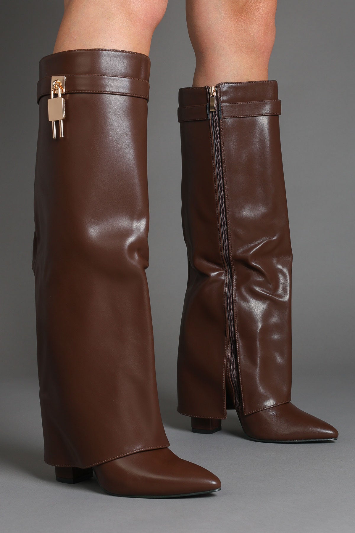 Brown Faux Leather Fold Over Padlock Detail Slouchy Shark Boots