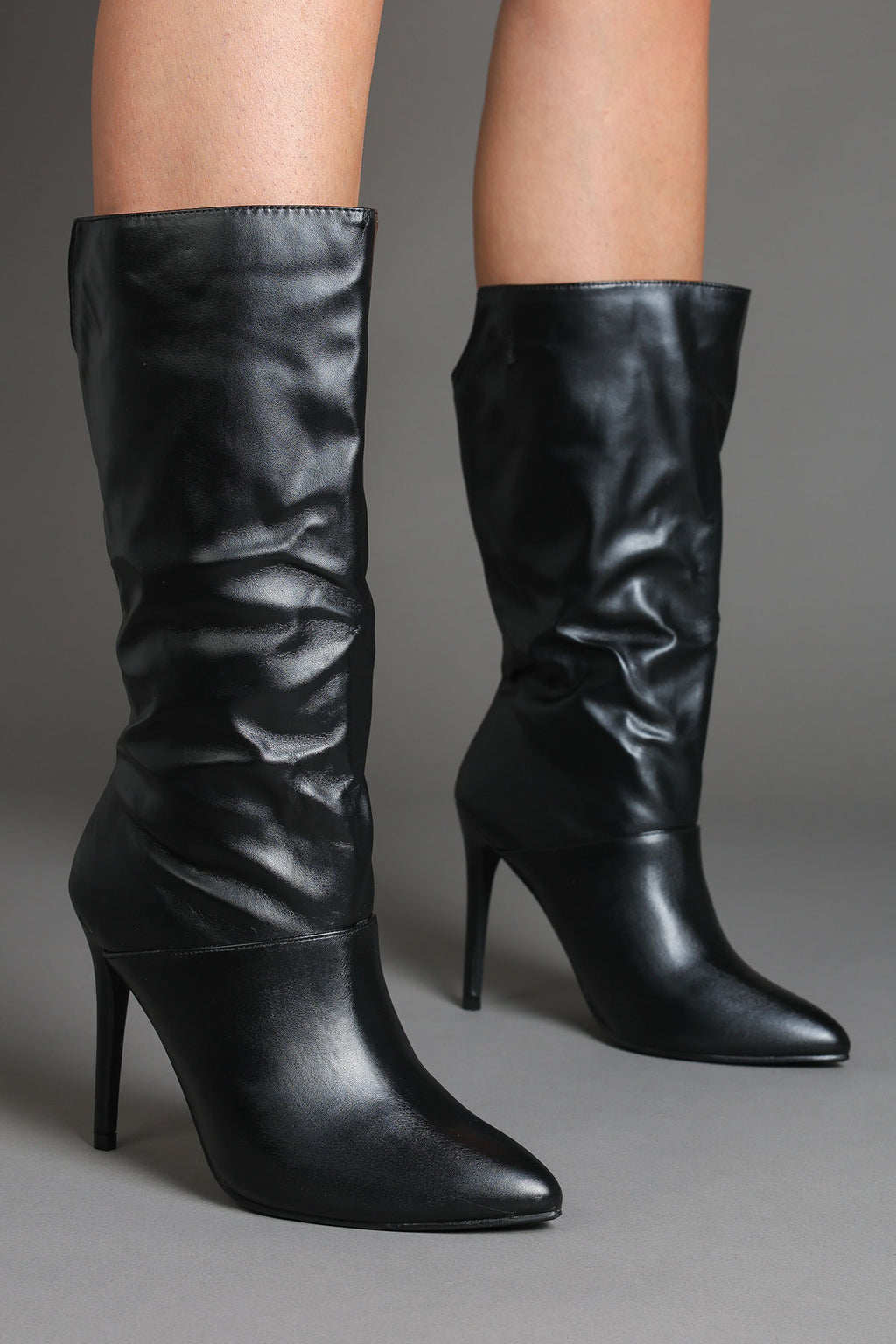 Black Faux Leather Slouchy Pointed-Toe Stiletto Boots