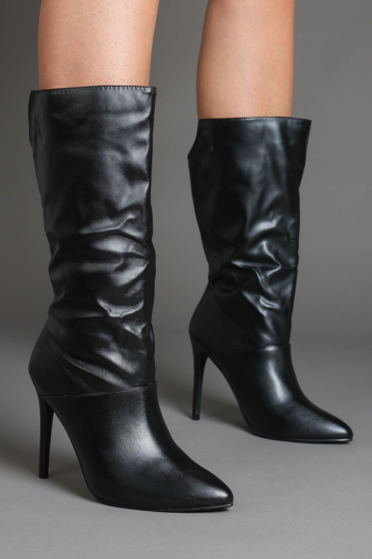 Black Faux Leather Slouchy Pointed-Toe Stiletto Boots