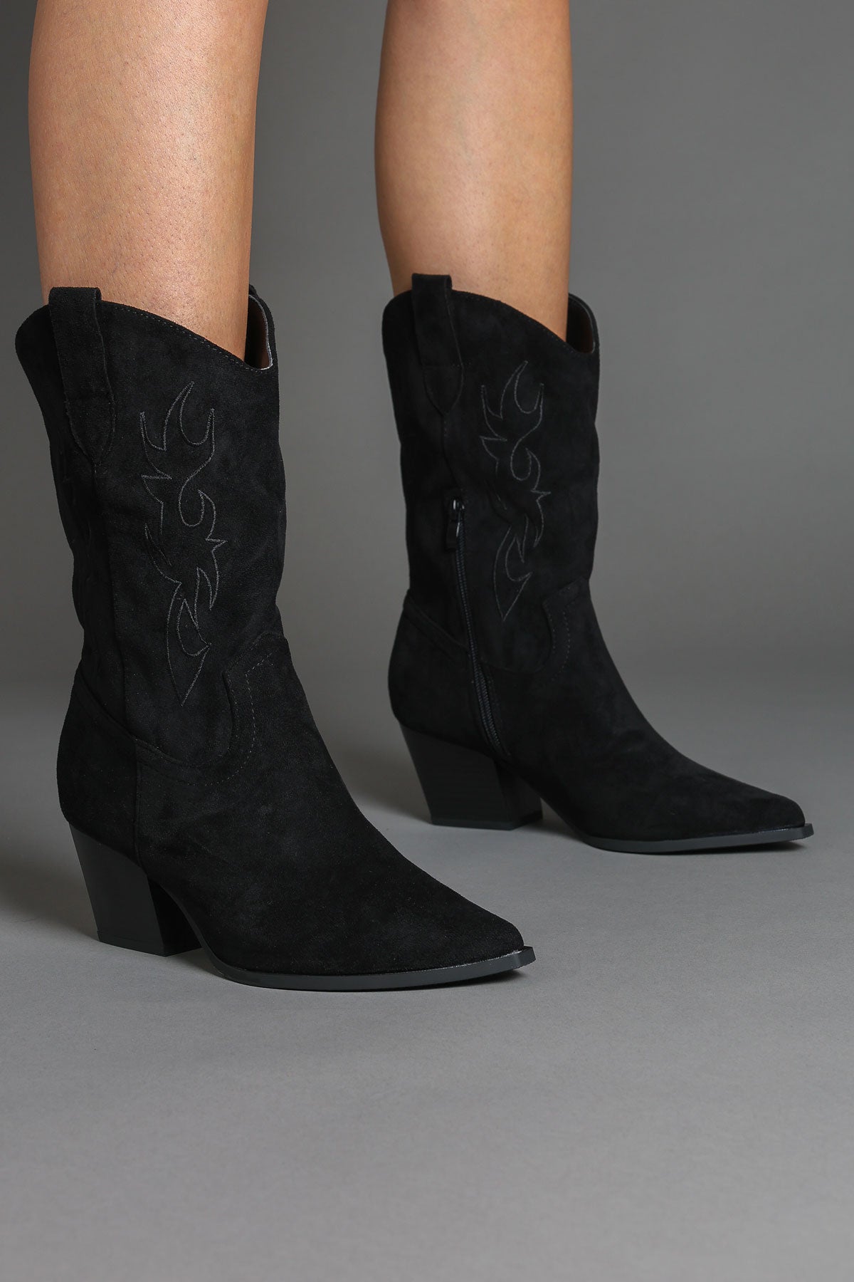 Black Faux Suede Flame Embroidered Western Cowboy Boots