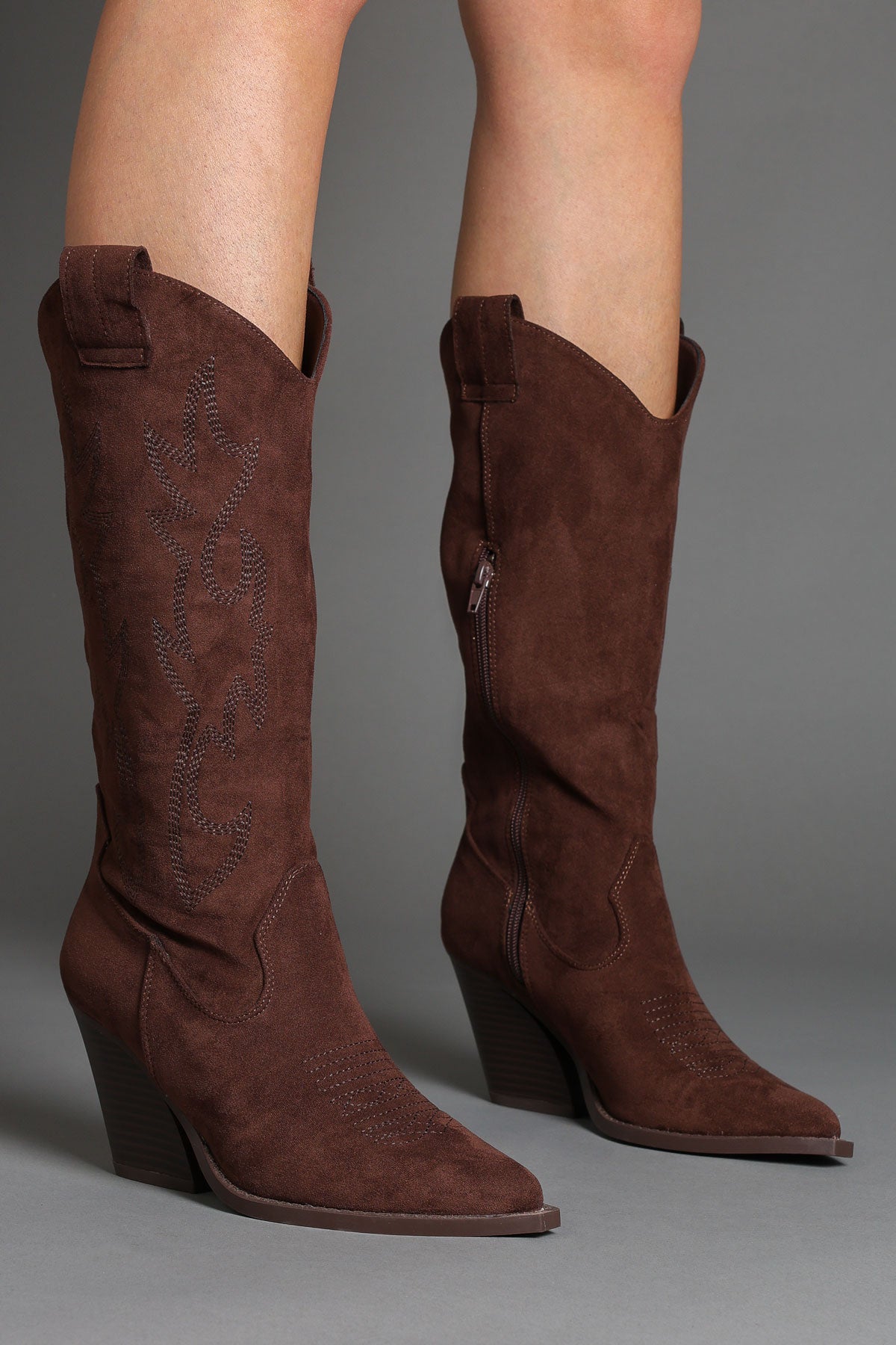 Brown Faux Suede Embroidered Classic Western Cowboy Boots