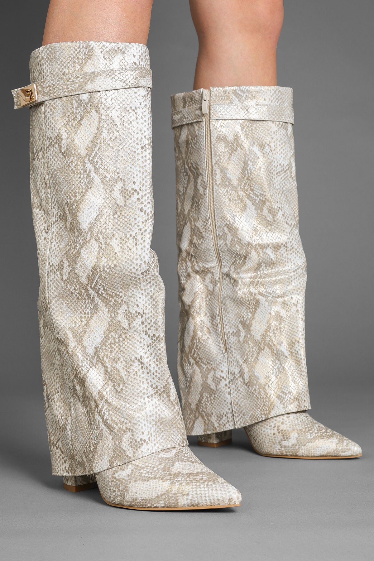 Snake Faux Leather Slouchy Fold-Over Boots with Buckle Detail