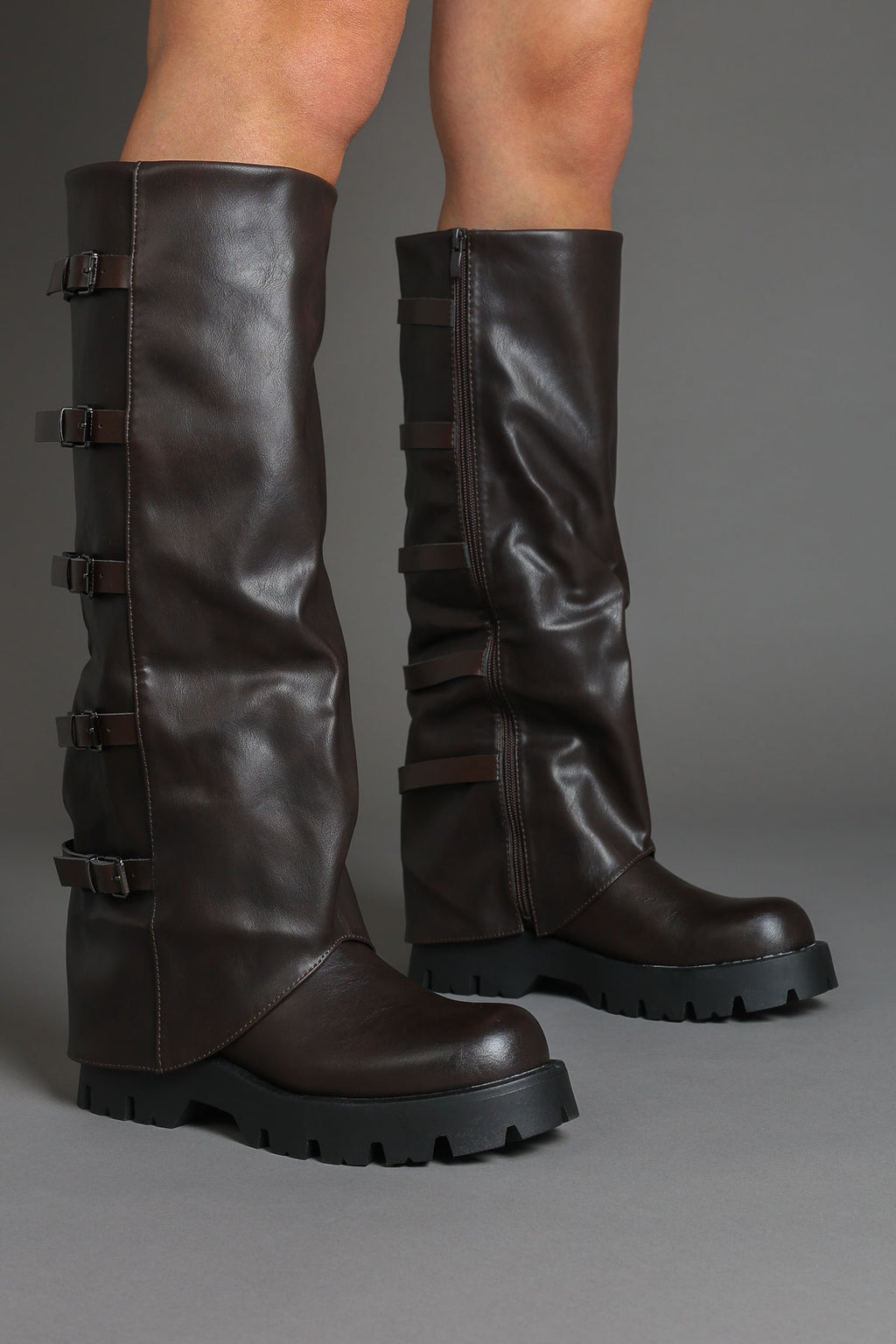 Brown Buckle Detail Fold Over Chunky Biker Boots