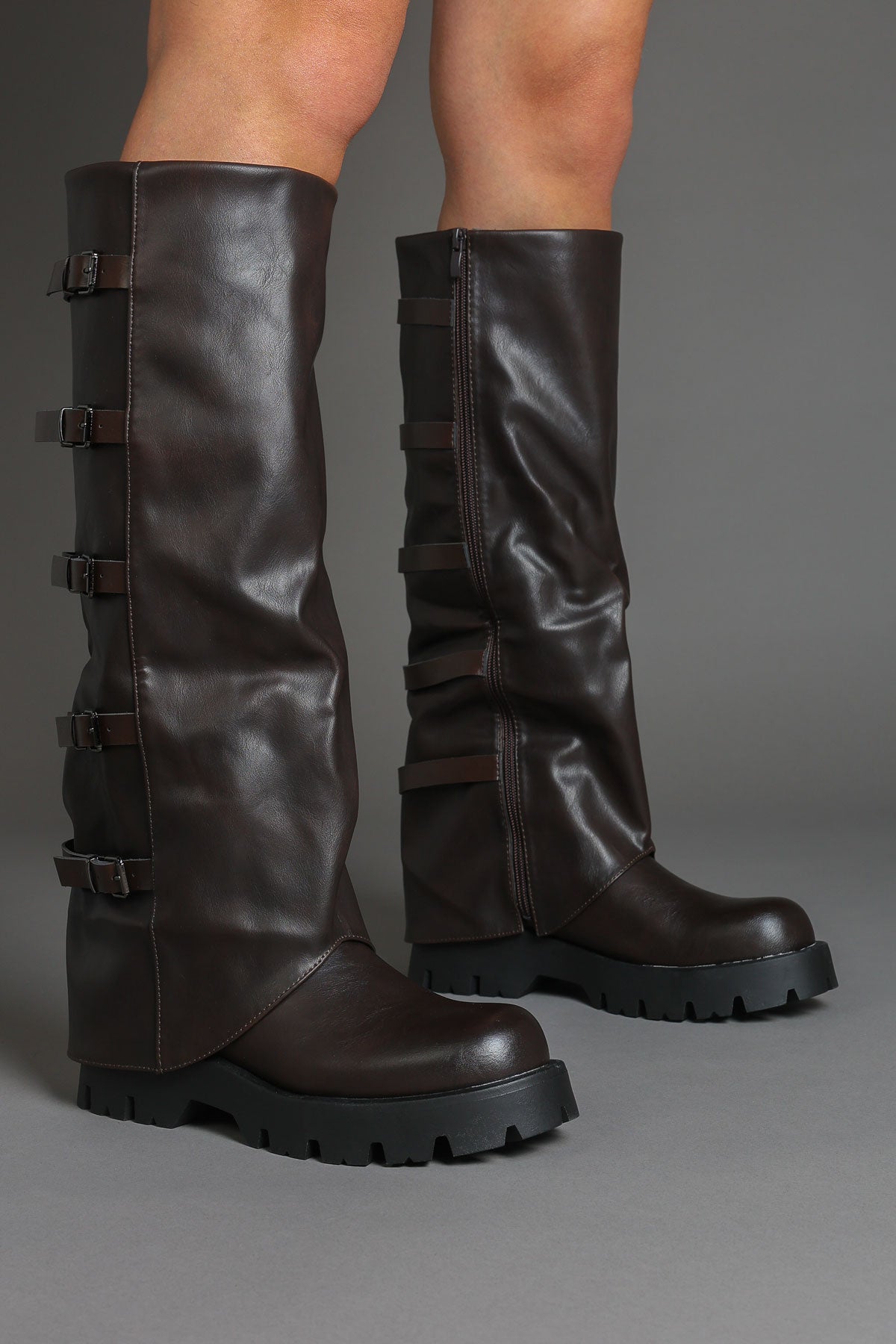 Brown Buckle Detail Fold Over Chunky Biker Boots
