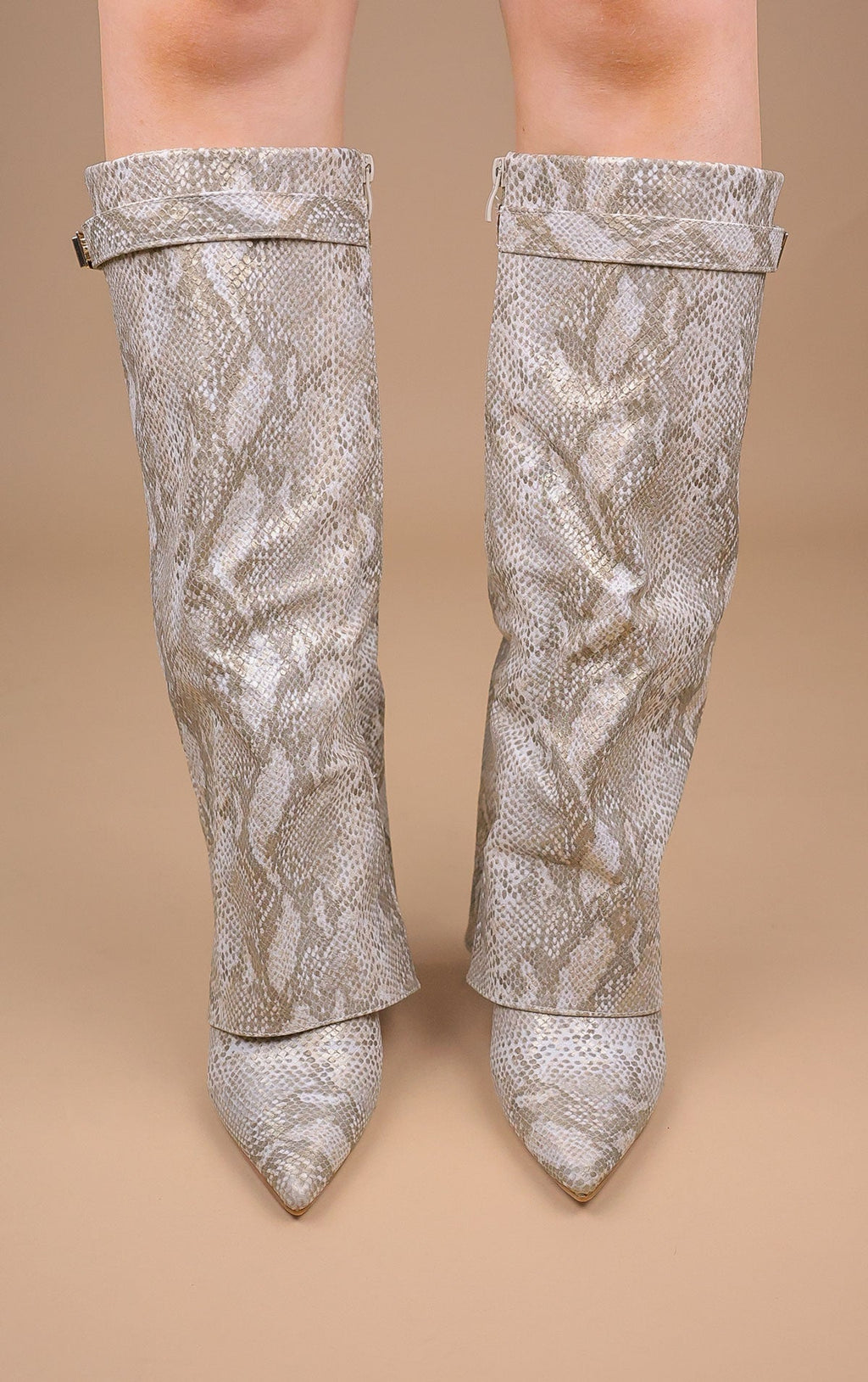 Snake Faux Leather Fold Over Shark Classic Buckle Knee High Boot