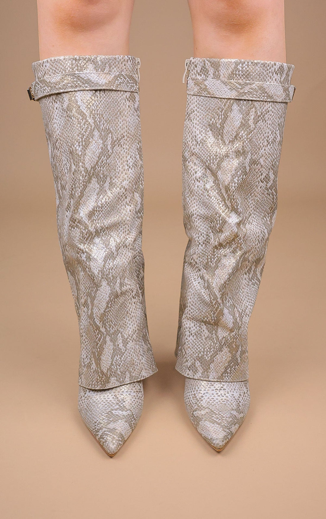 Snake Faux Leather Fold Over Shark Classic Buckle Knee High Boot