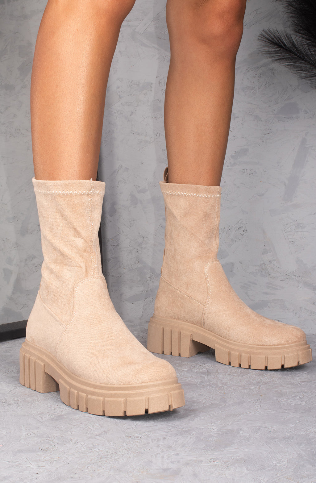 Beige Faux Suede Ankle Sock Boot