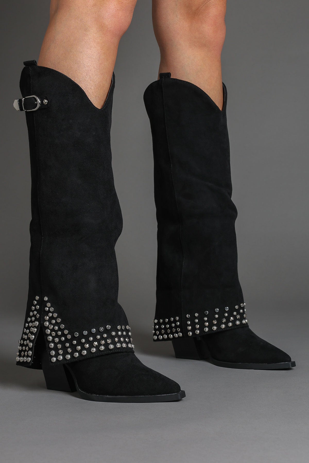 Black Faux Suede Studded Fold Over Slouch Western Cowboy Boots