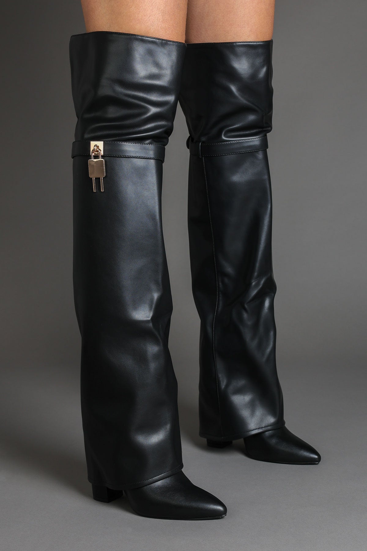Black Faux Leather Lock Detail Fold Over Shark Thigh High Long Boots