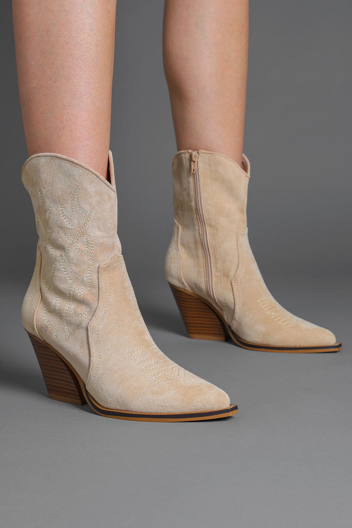 Beige Faux Suede Embroidered Classic Western Ankle Cowboy Boots