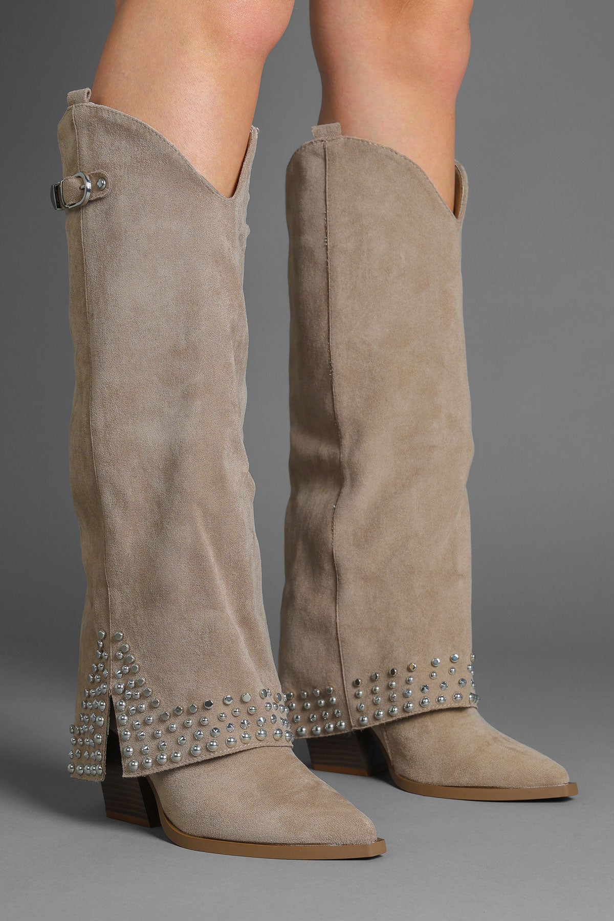 Taupe Suede Studded Fold Over Slouch Western Cowboy Boots