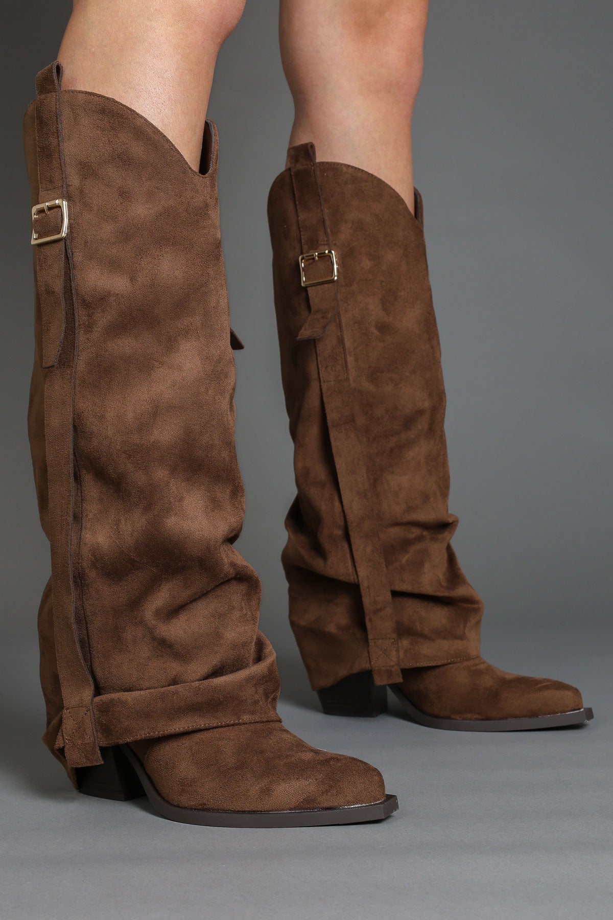 Brown Suede Slouchy Fold Over Western Cowboy Boots