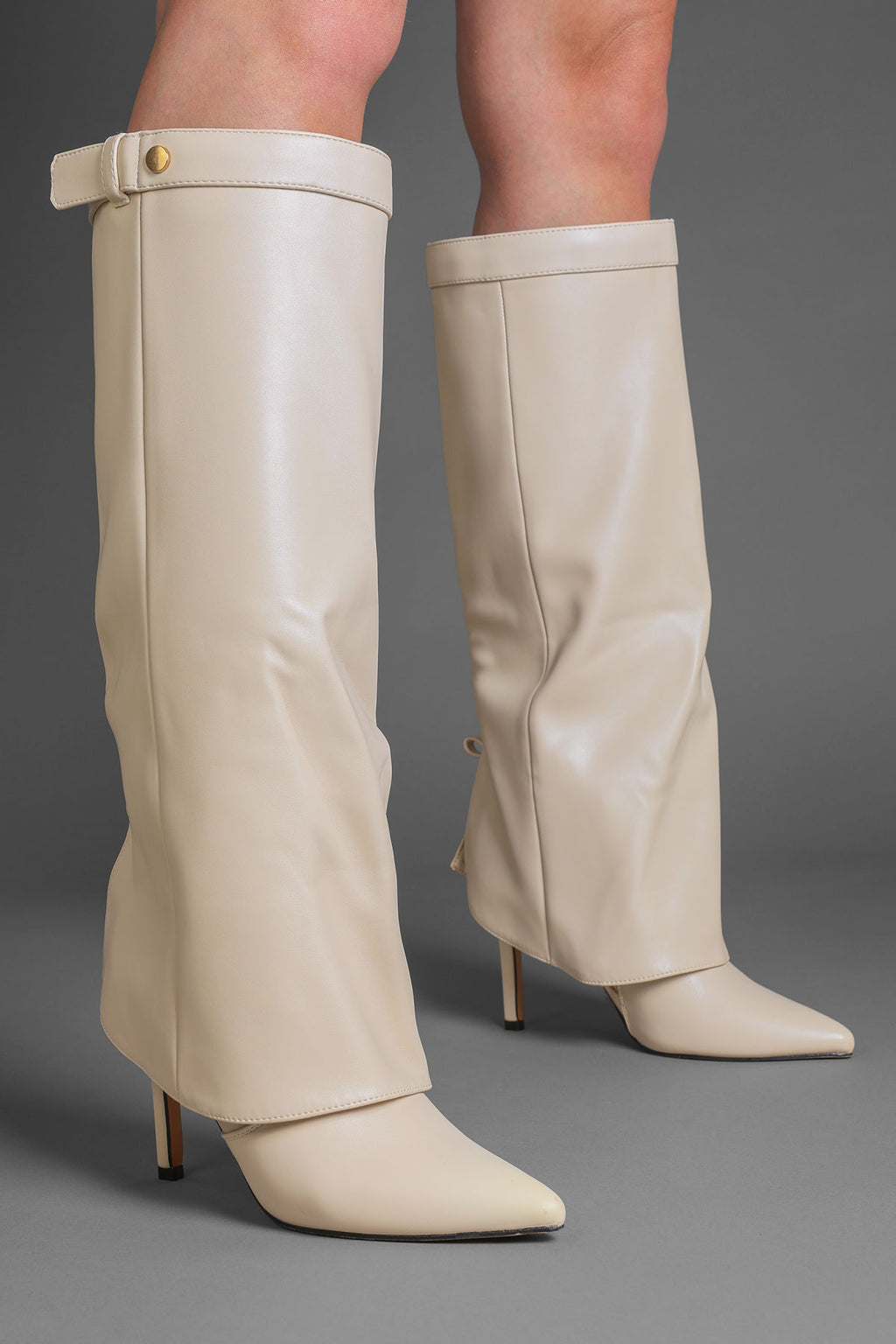 Beige Fold Over Stiletto Boots with Pointed Toe