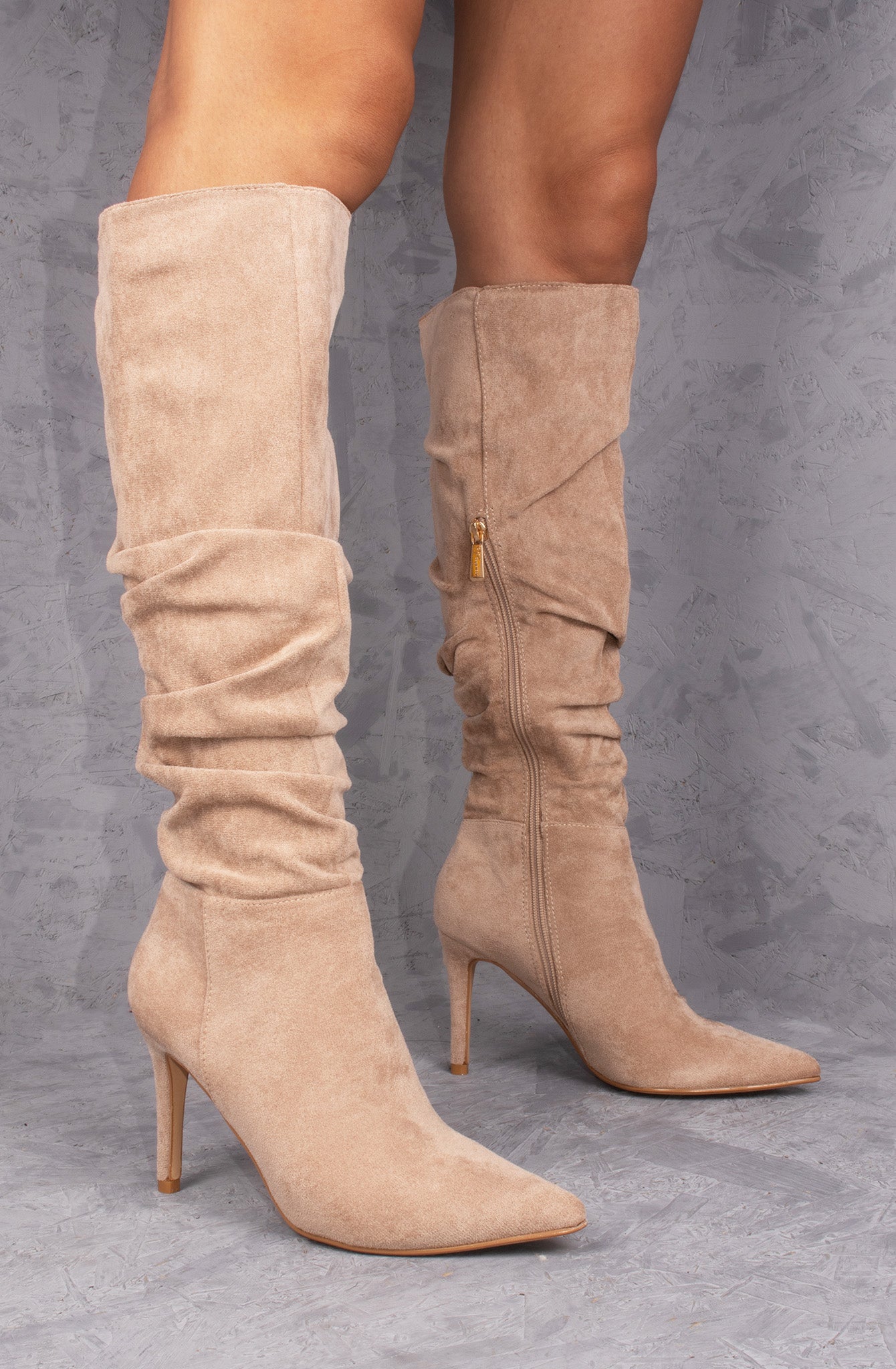 Taupe Ruched Pointed Toe Stiletto High Heel Knee High Boots
