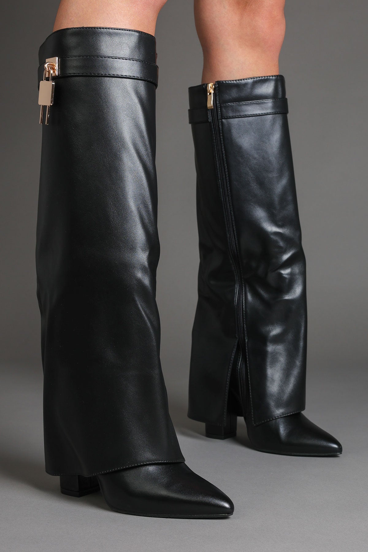 Black Faux Leather Fold Over Padlock Detail Slouchy Shark Boots