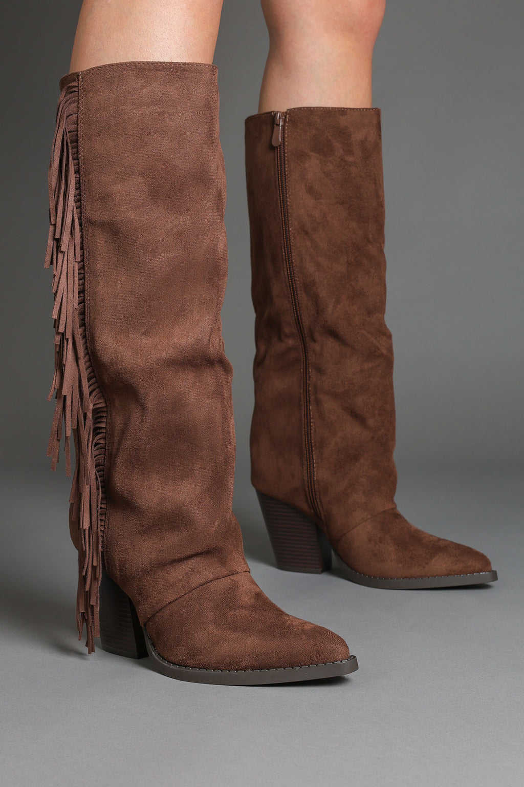 Brown Faux Suede Fringe Slouchy Knee-High Western Cowboy Boots