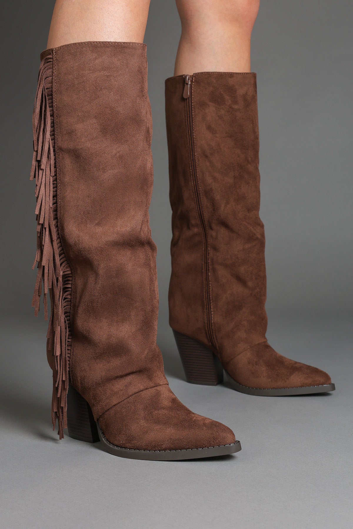 Brown Faux Suede Fringe Slouchy Knee-High Western Cowboy Boots