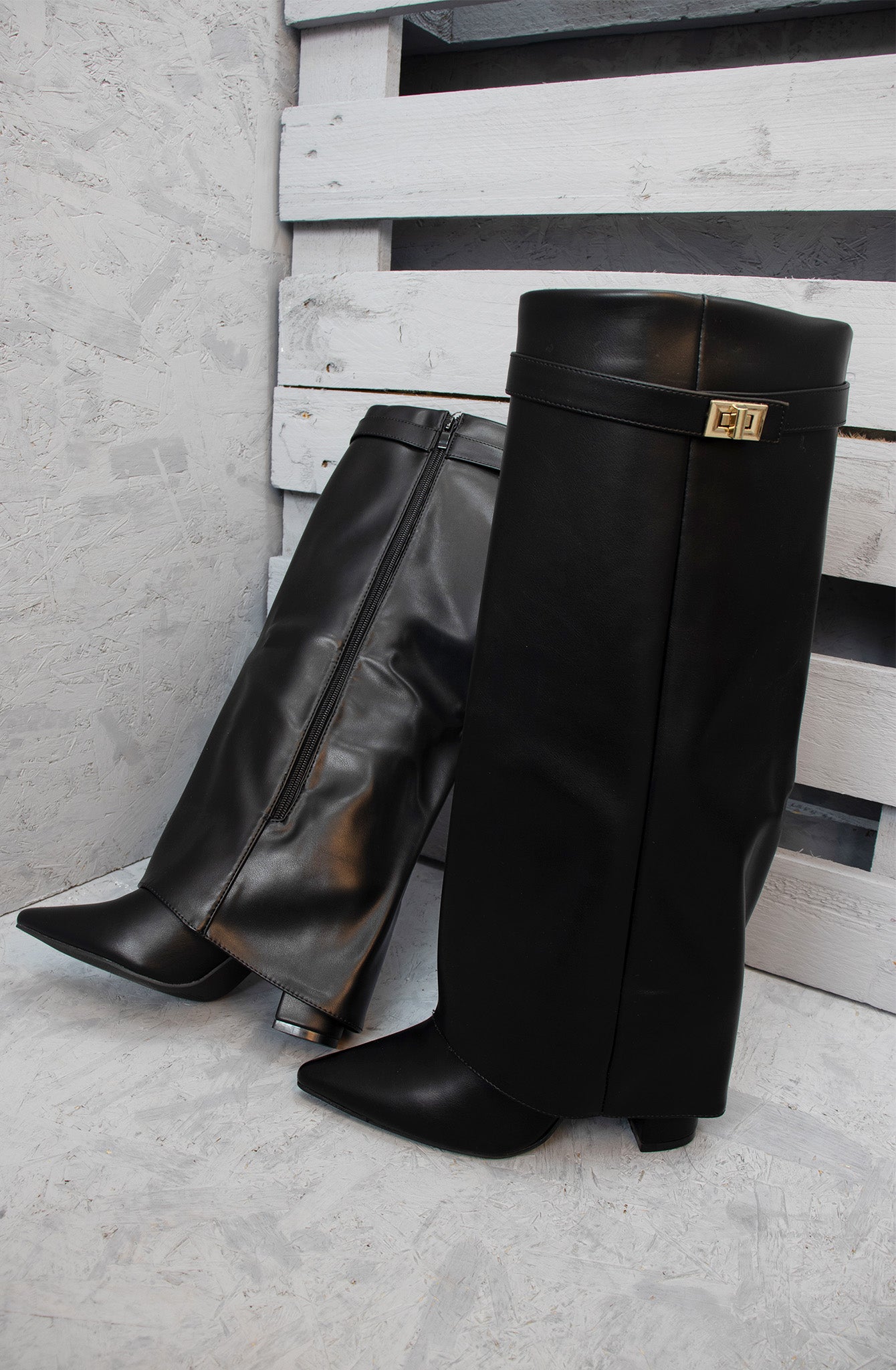 Black Leather Fold Over Shark Classic Buckle Knee High Boot
