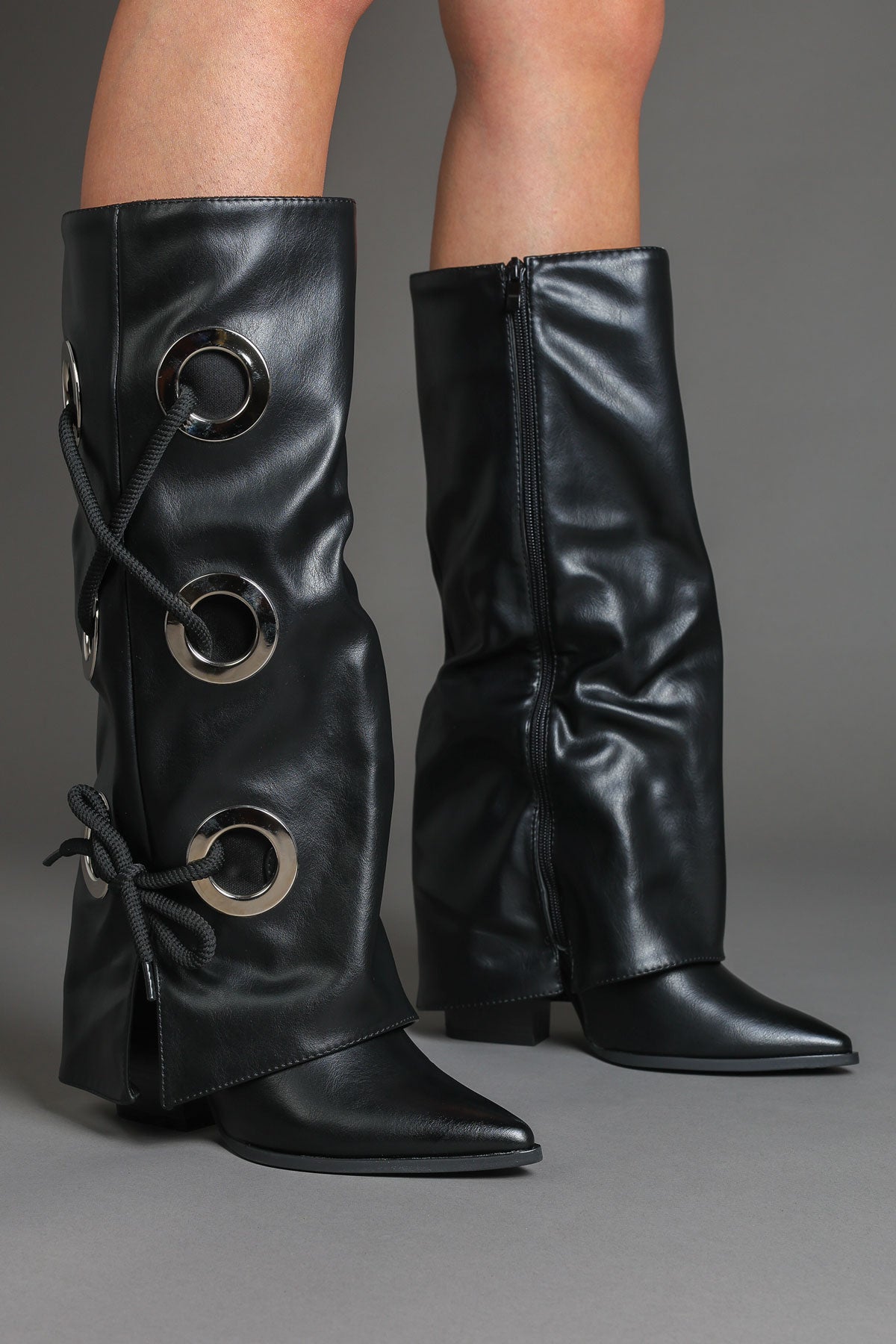 Black Faux Leather Fold Over Lace Detail Knee-High