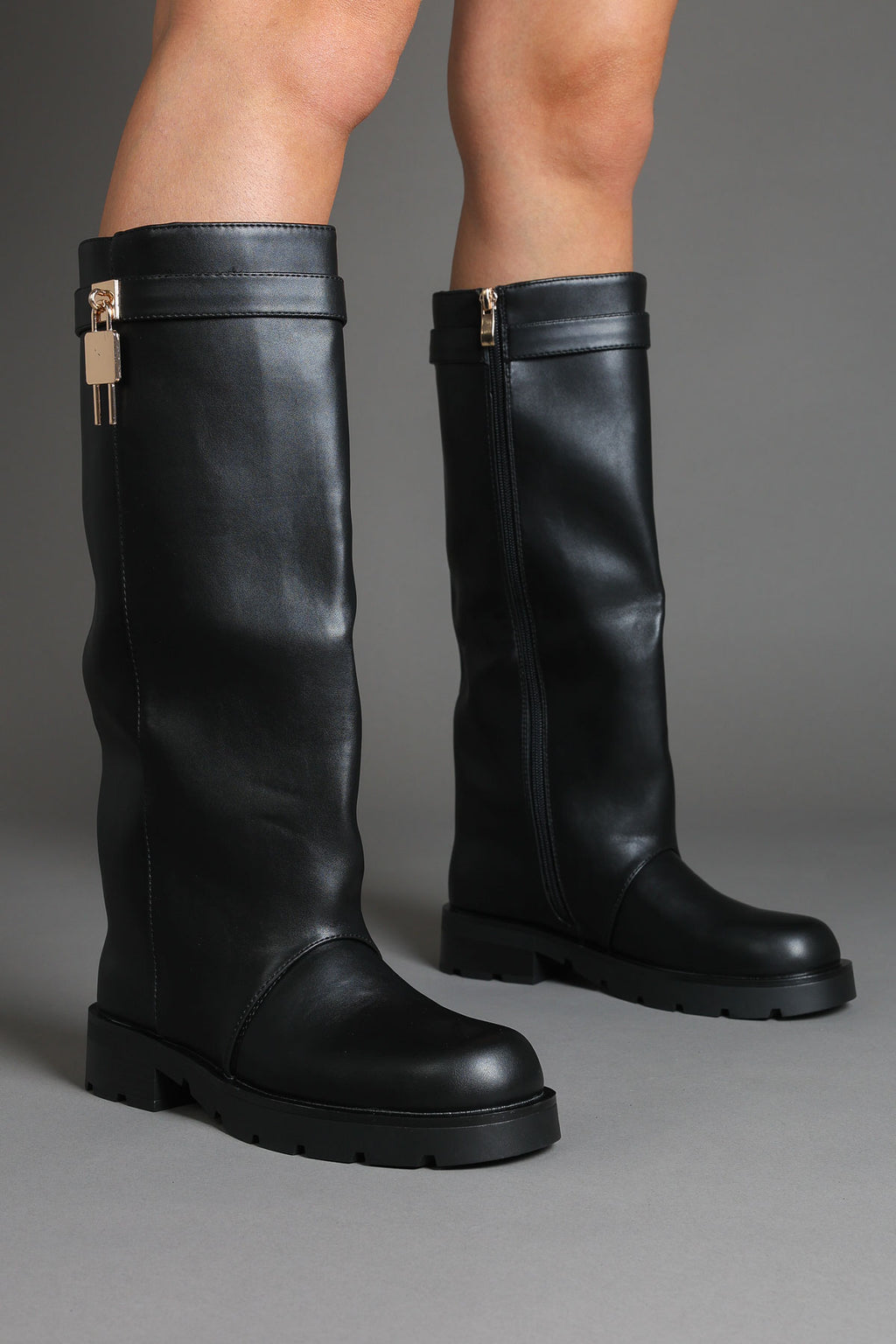 Black Chunky Lug Sole Riding Boots with Gold Padlock Detail