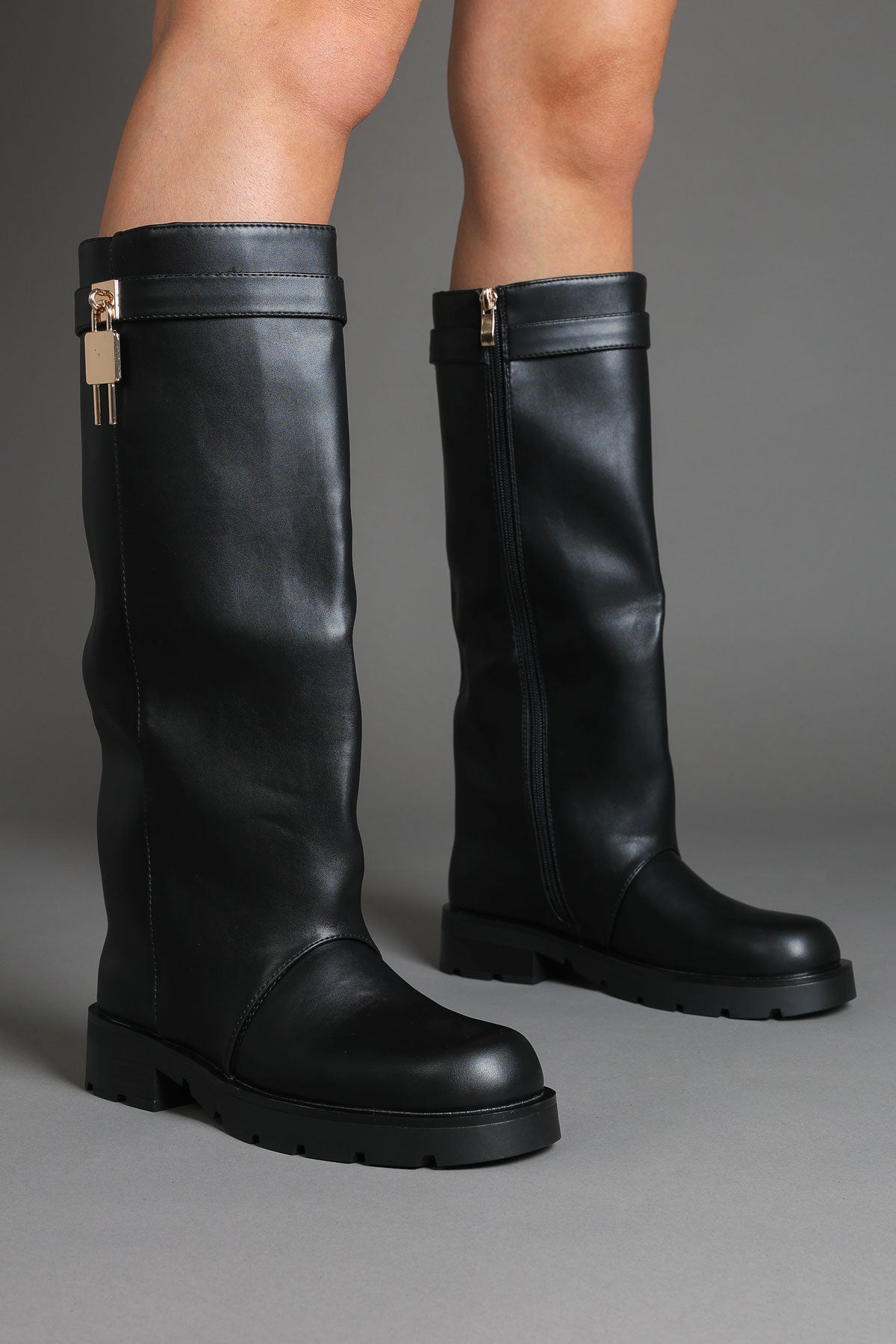 Black Chunky Lug Sole Riding Boots with Gold Padlock Detail