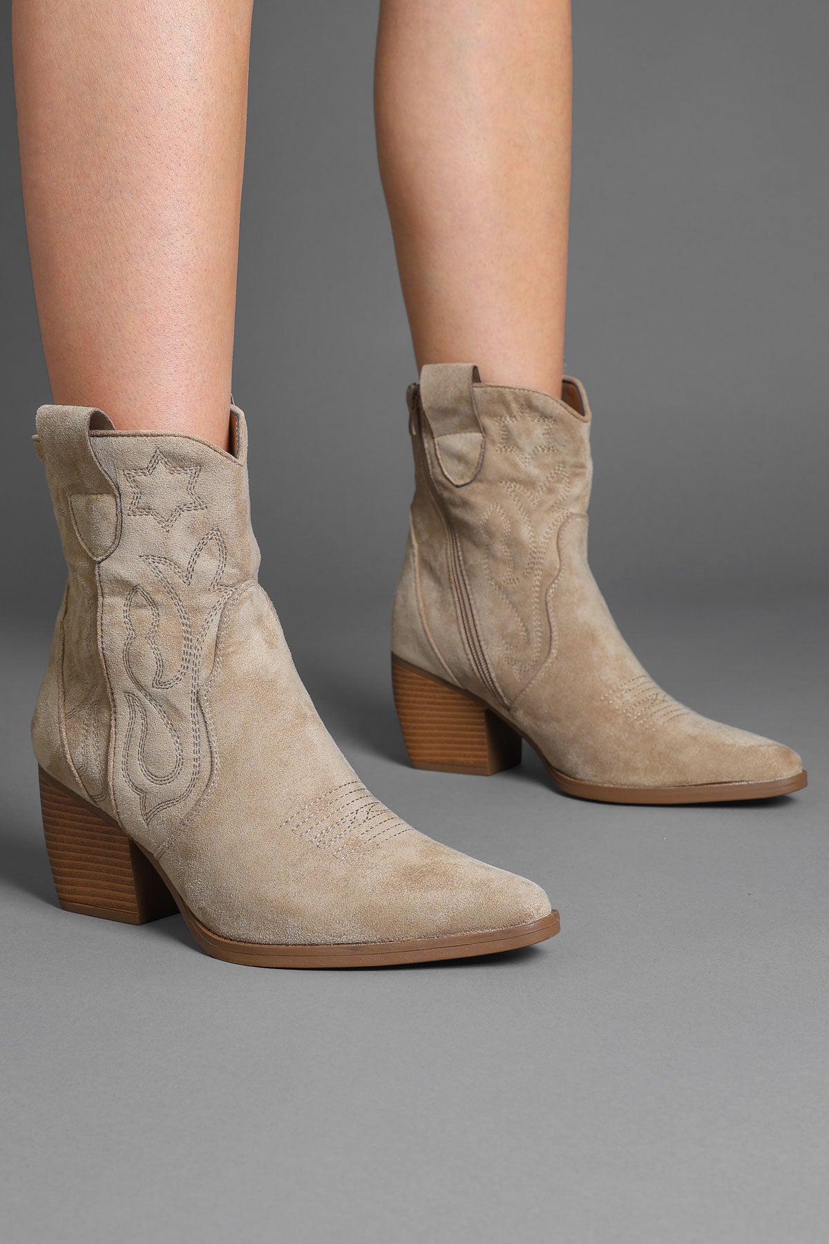 Taupe Embroidered Western Ankle Cowboy Boots