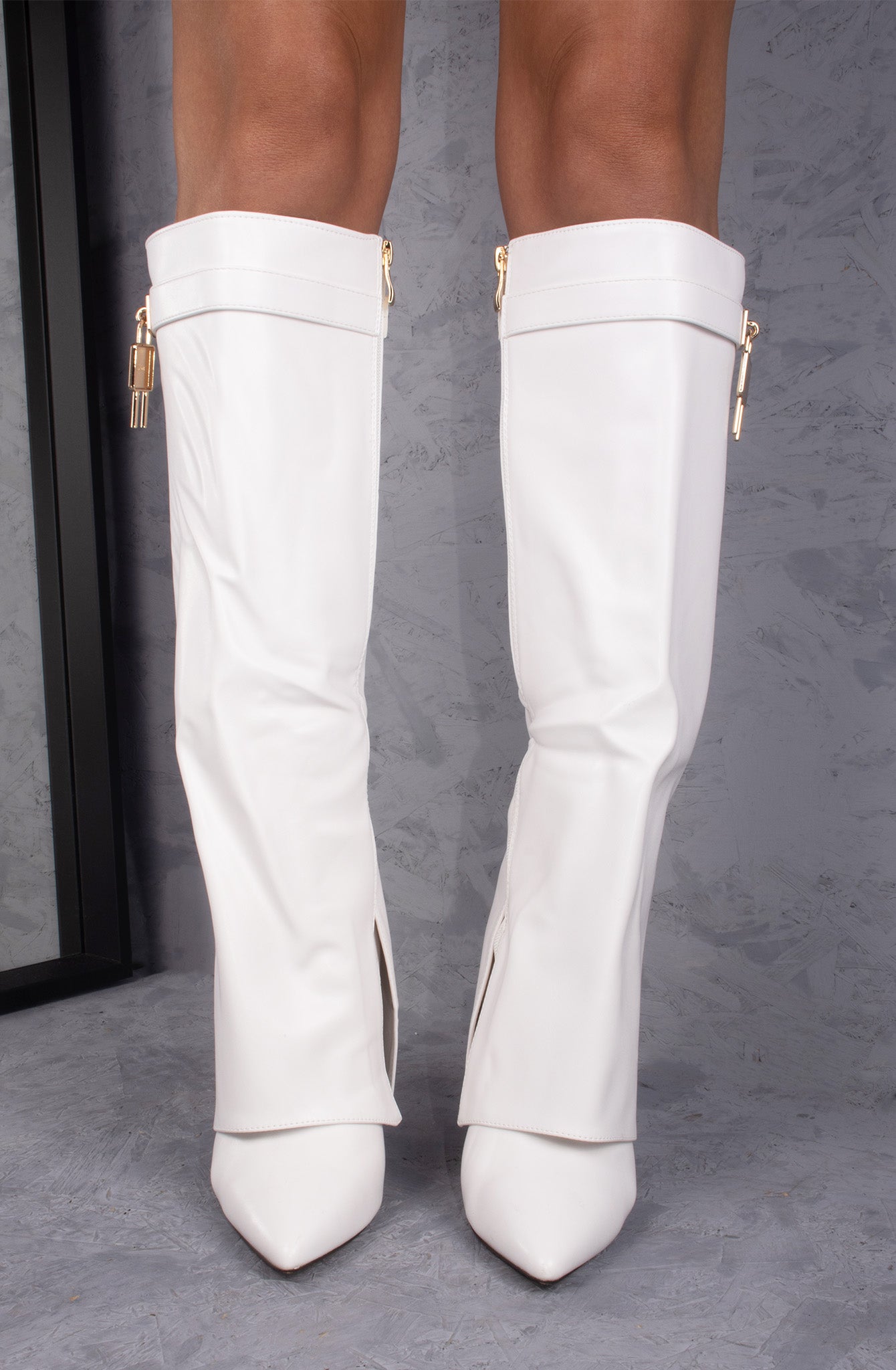 Queen Shark Faux Leather Fold Over Shark Lock Buckle Knee High Boot White