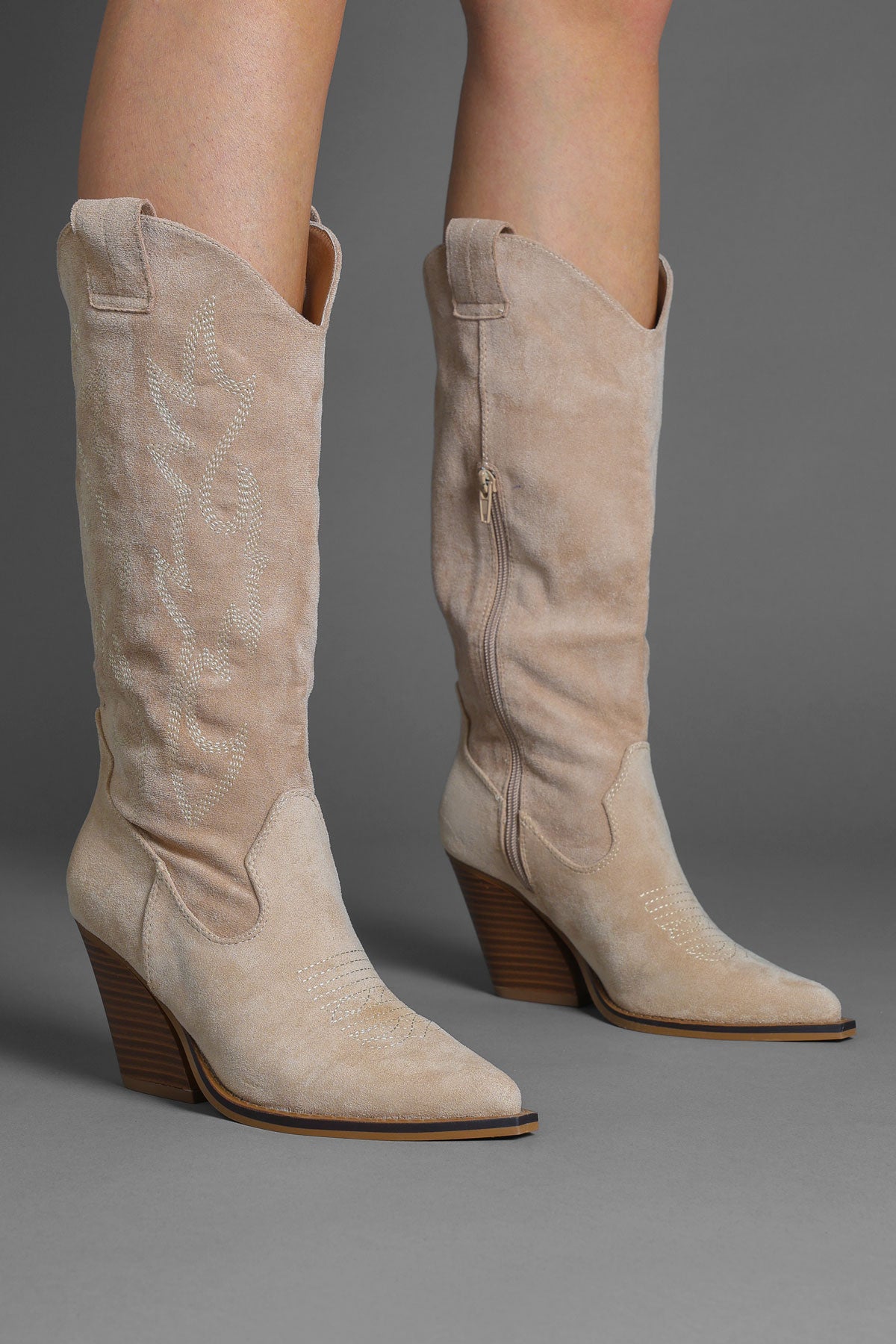 Beige Faux Suede Embroidered Classic Western Cowboy Boots