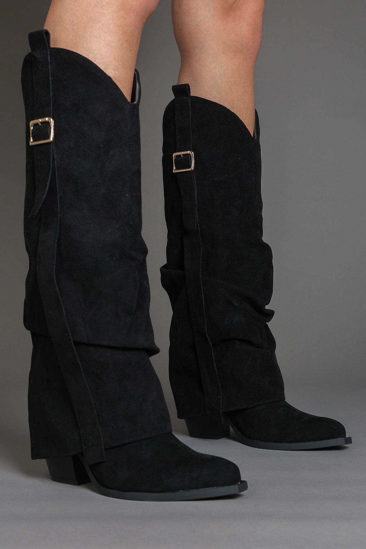 Black Suede Slouchy Fold Over Western Cowboy Boots