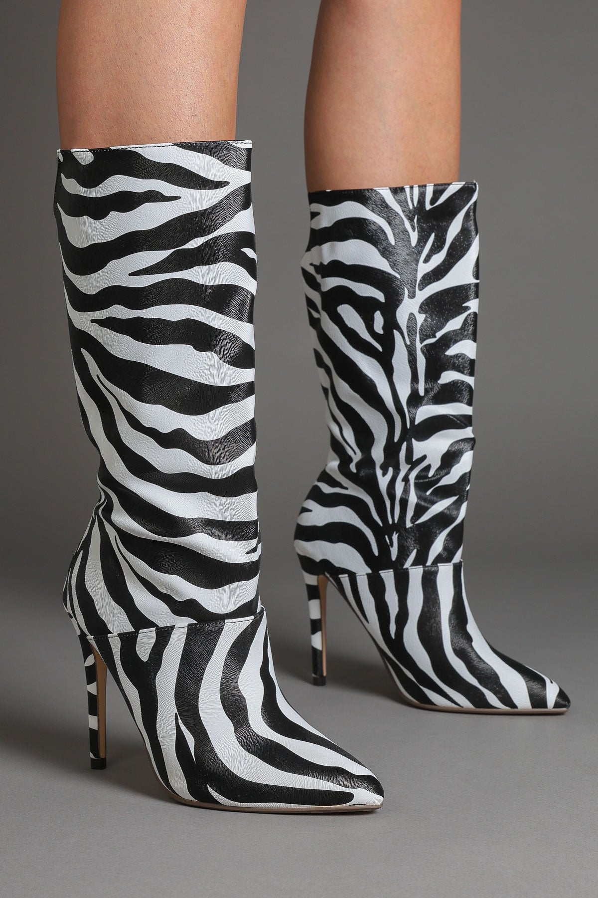 Zebra Printed Faux Leather Slouchy Pointed-Toe Stiletto Boots