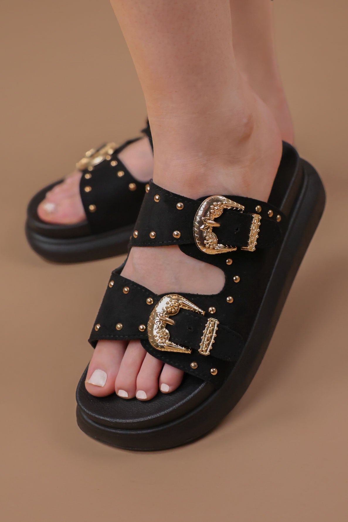 Myah Black Suede Chunky Studded Buckle Sandals