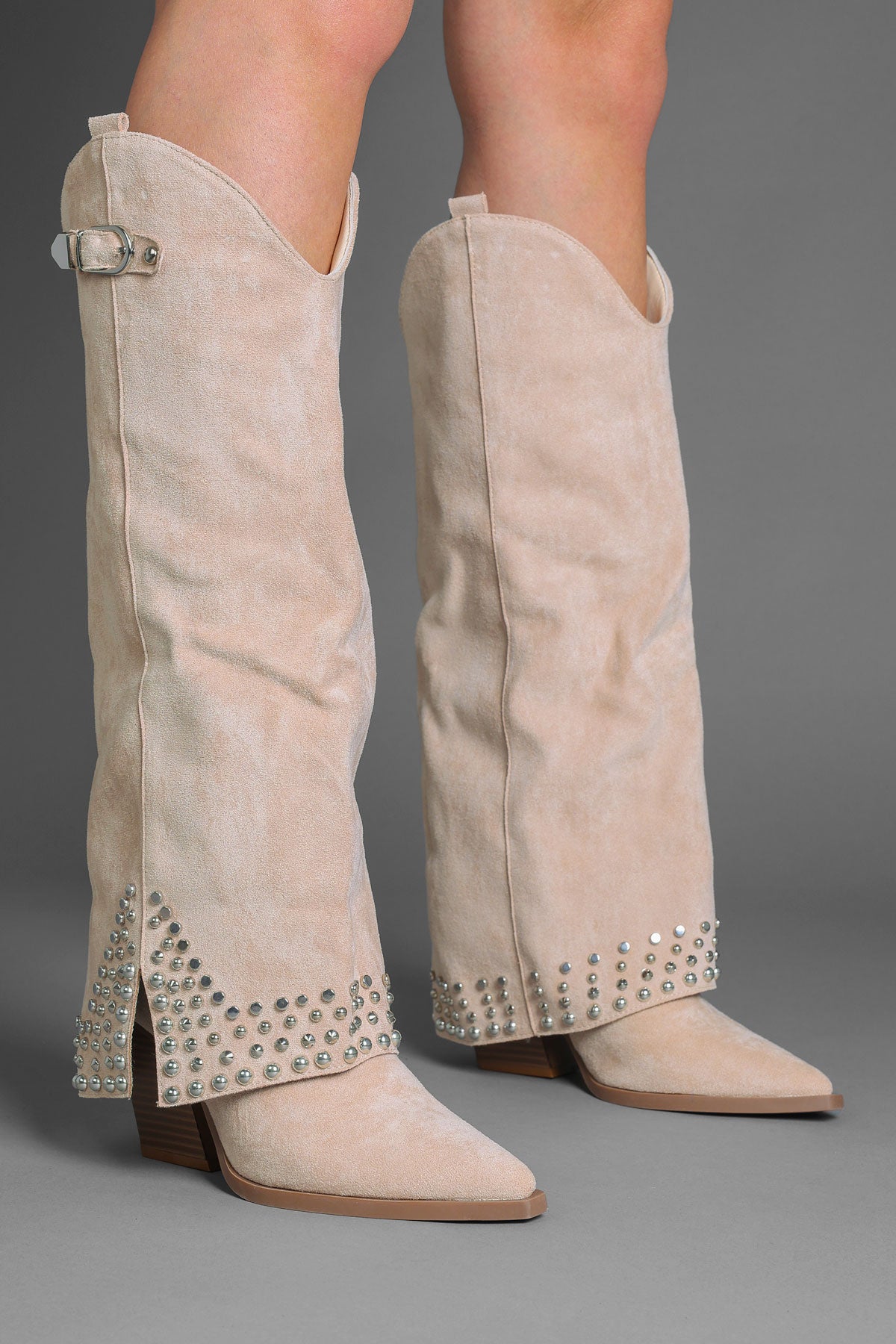 Beige Faux Suede Studded Fold Over Slouch Western Cowboy Boots